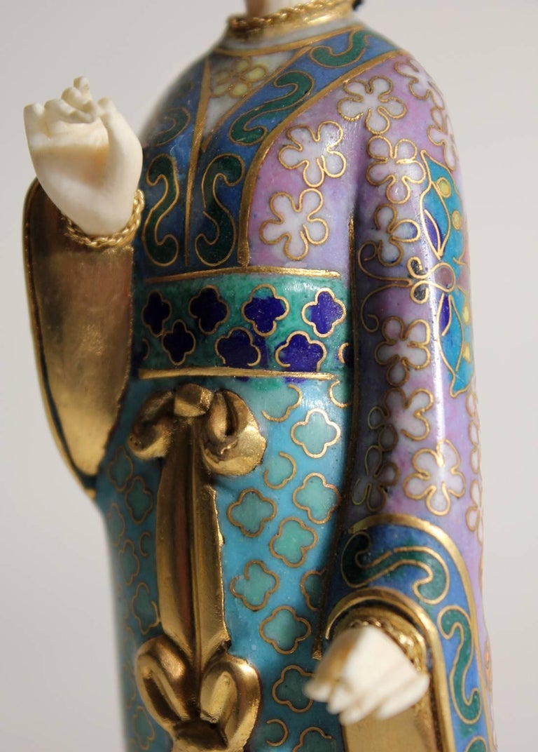 Antique Chinese Cloisonne Enameled Carved Guanyin Quan Yin Sculpture