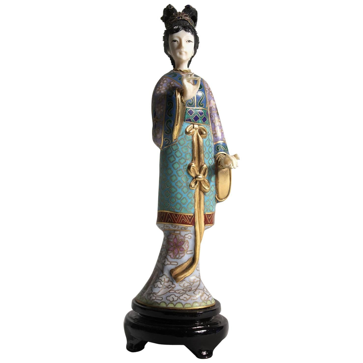 Antique Chinese Cloisonne Enameled Carved Guanyin Quan Yin Sculpture Figurine