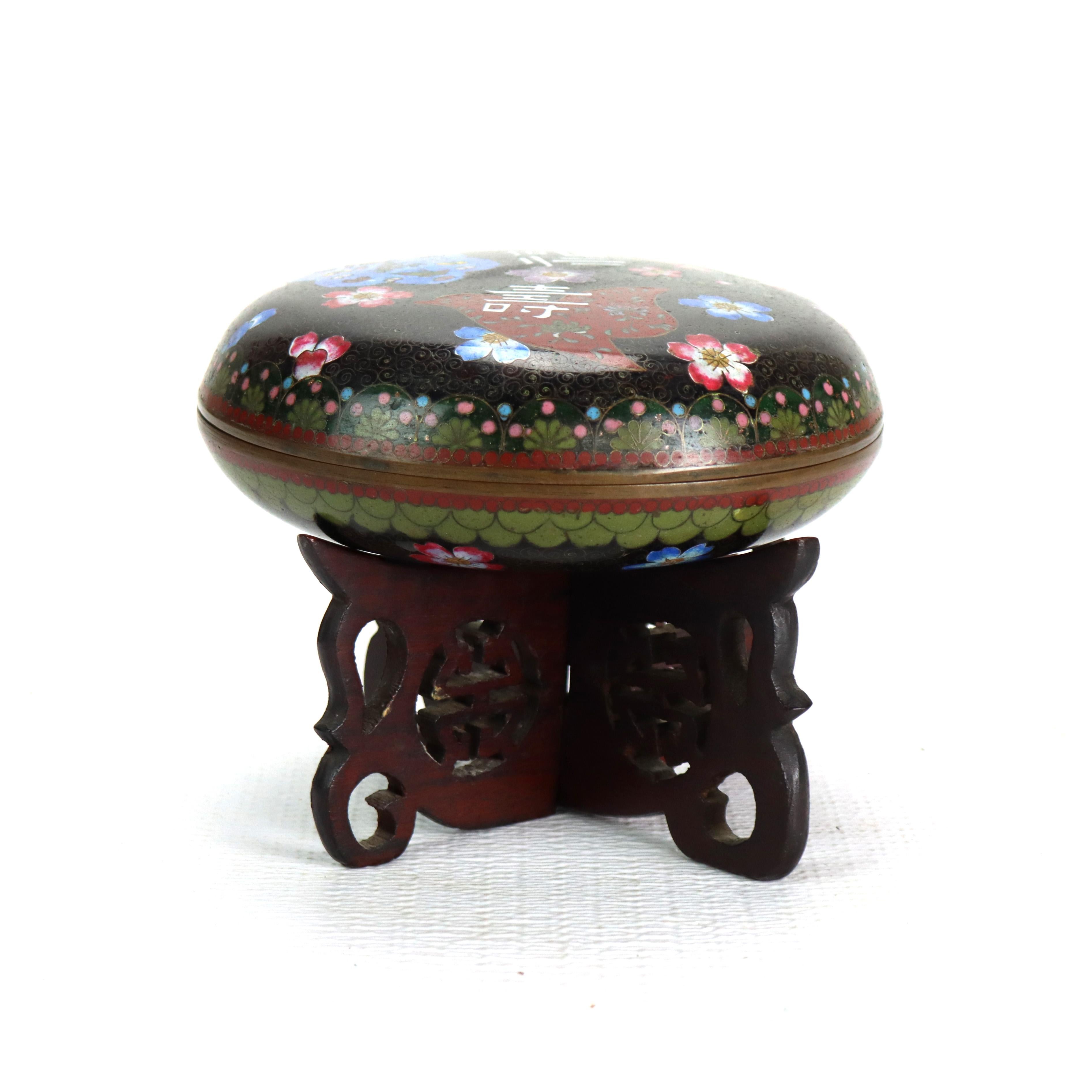 Antique Chinese Cloisonne Enameled Dresser Box With Wooded Stand c1890 For Sale