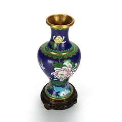 Antique Chinese Cloisonne Enameled Floral Vase with Peony & Wood Base c1930