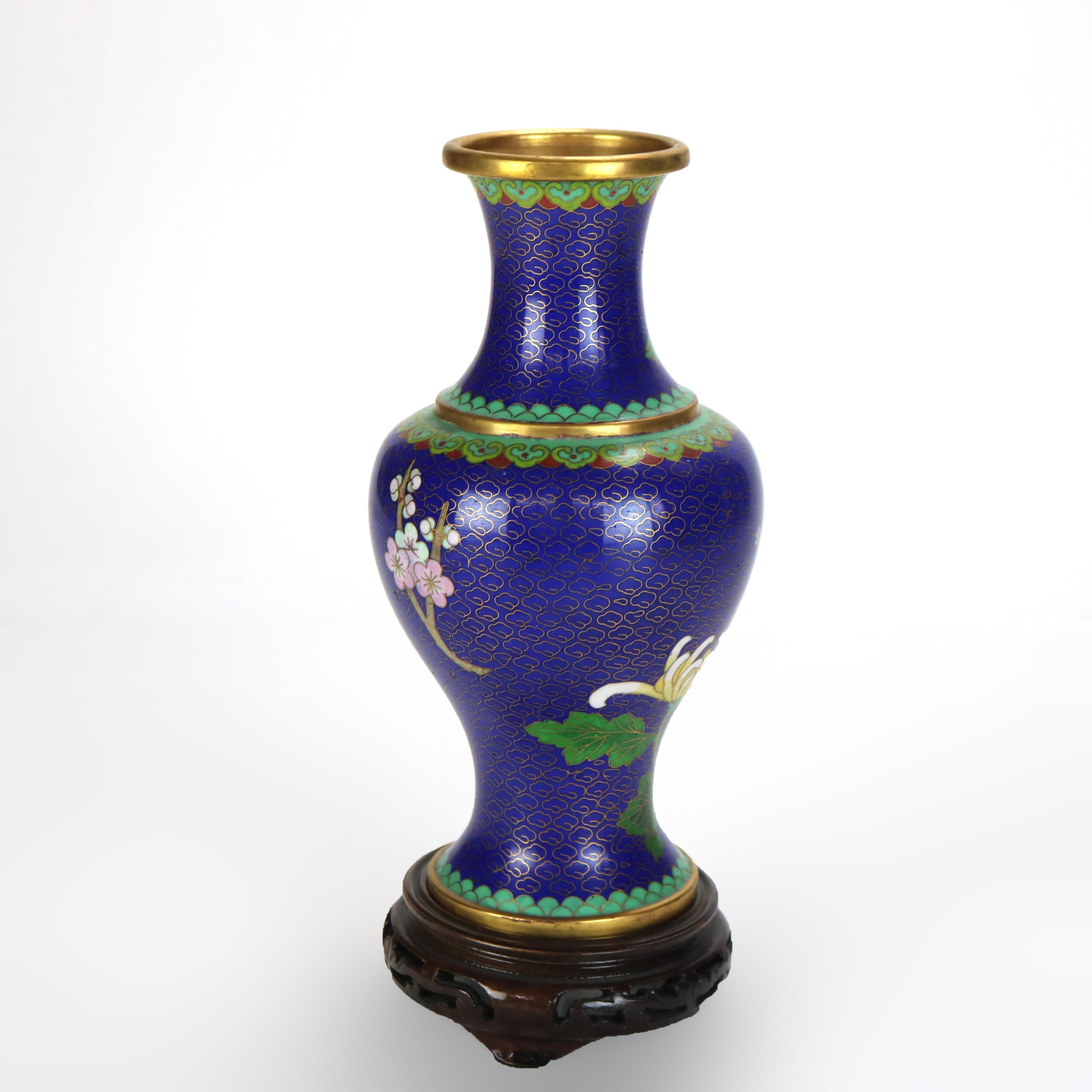 20th Century Antique Chinese Cloisonne Enameled Floral Vase with Peony & Wood Base c1930 For Sale