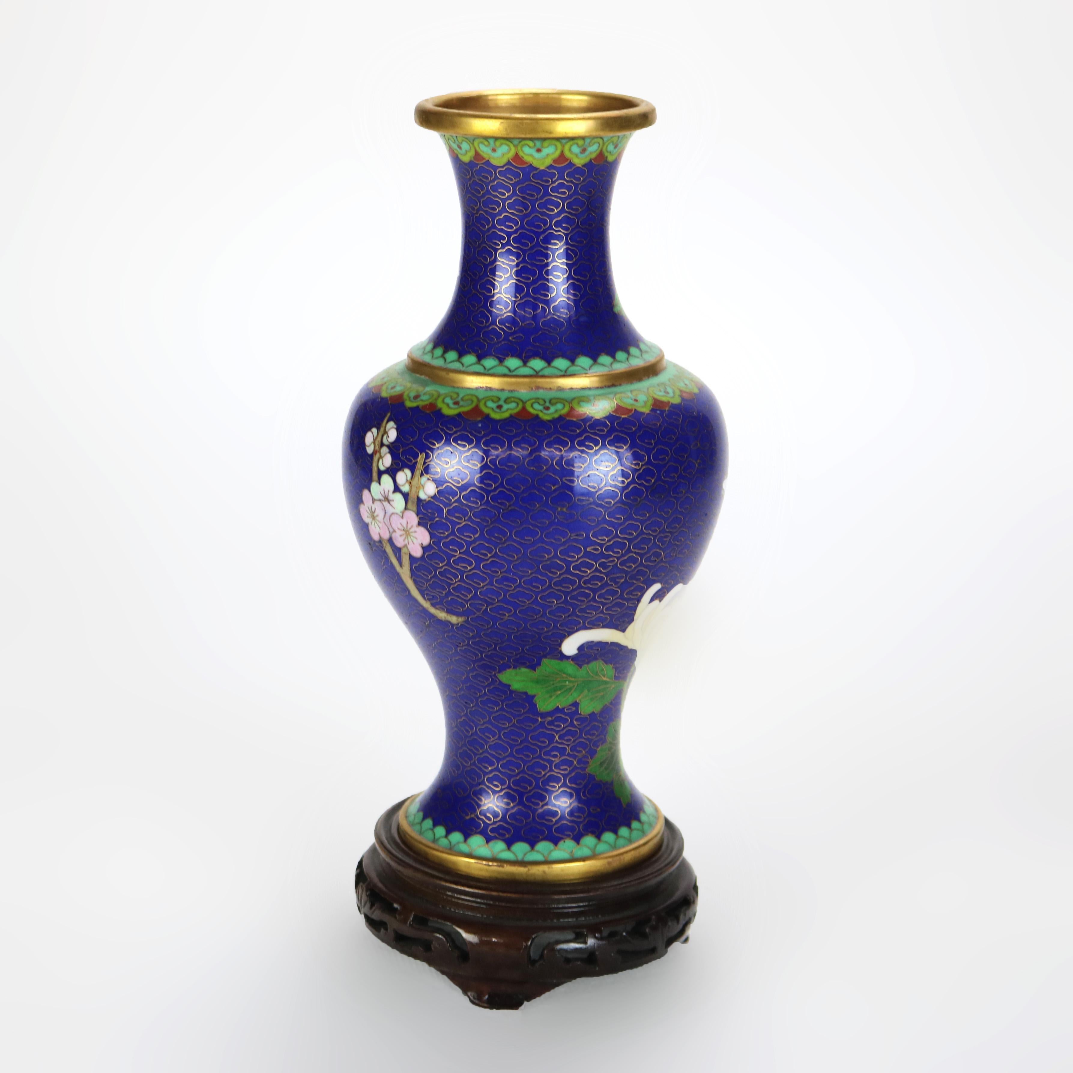 Metal Antique Chinese Cloisonne Enameled Floral Vase with Peony & Wood Base c1930 For Sale