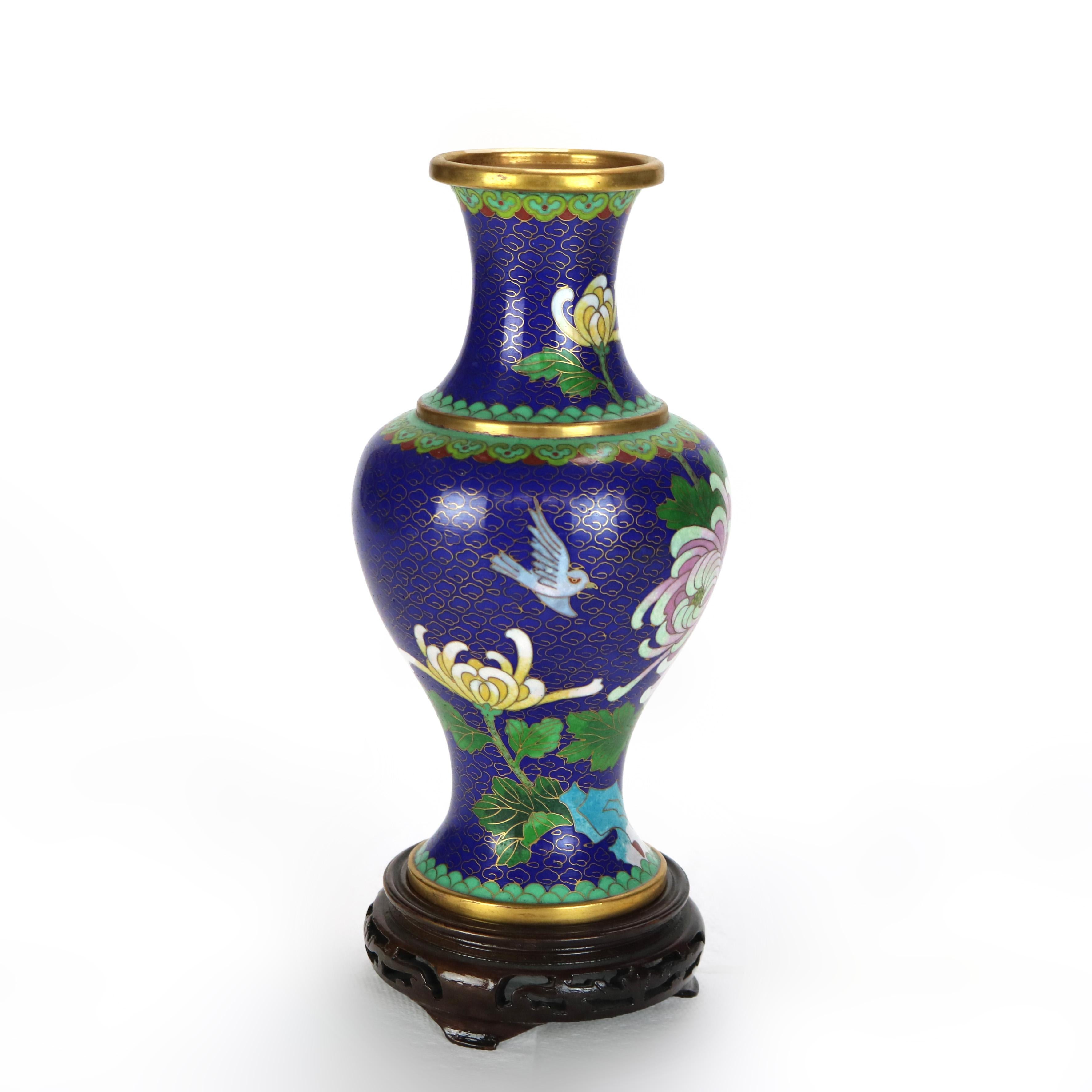 Antique Chinese Cloisonne Enameled Floral Vase with Peony & Wood Base c1930 For Sale 1