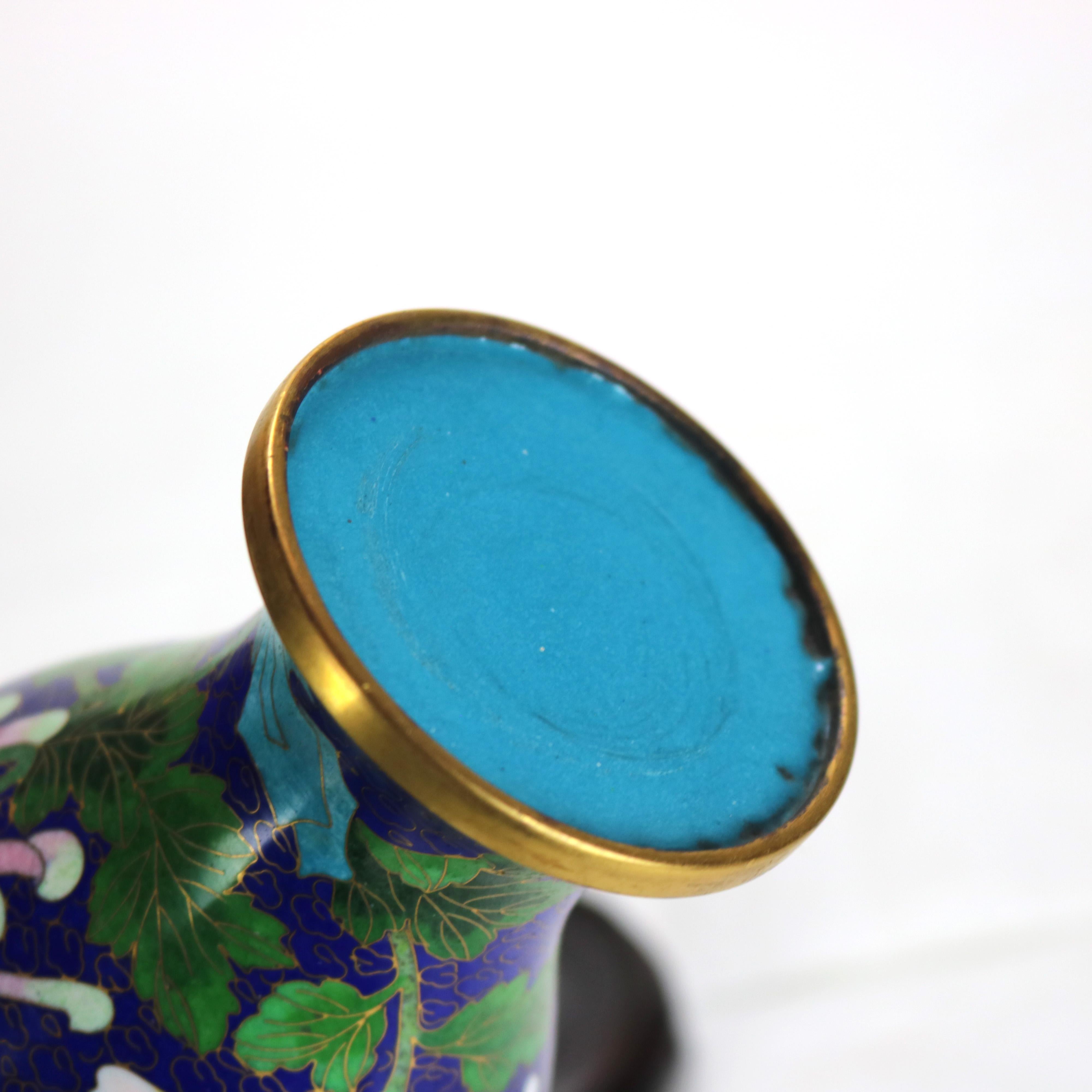 Antique Chinese Cloisonne Enameled Floral Vase with Peony & Wood Base c1930 For Sale 2