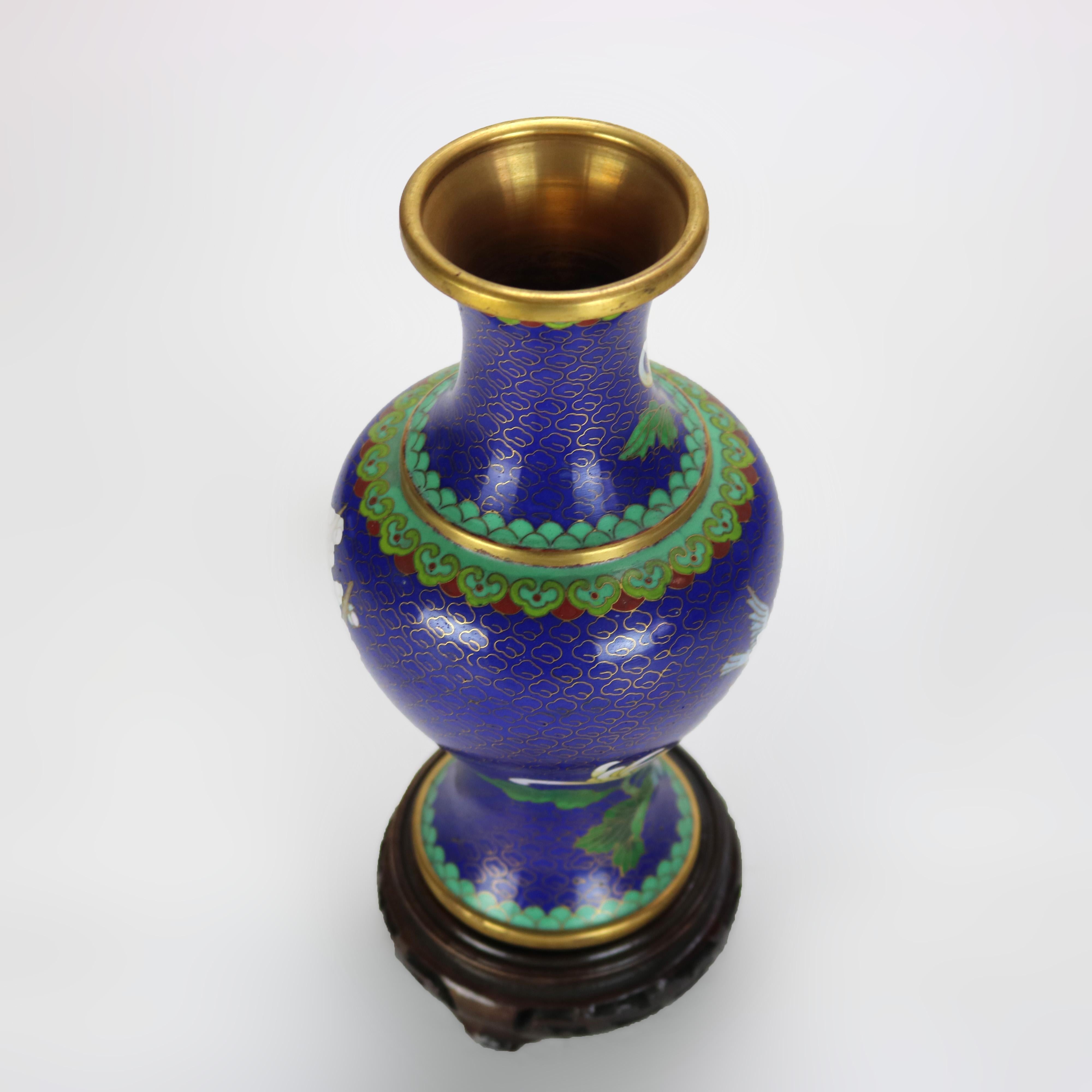 Antique Chinese Cloisonne Enameled Floral Vase with Peony & Wood Base c1930 For Sale 3