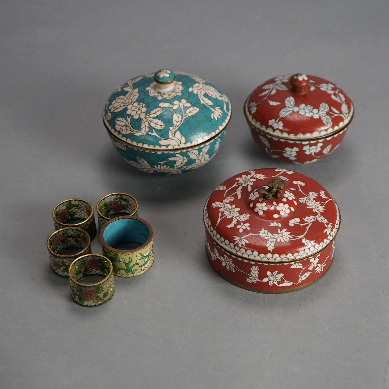 Antique Chinese Cloisonne Enameled Items - Three Boxes & Five Napkin Rings c1920 For Sale 7