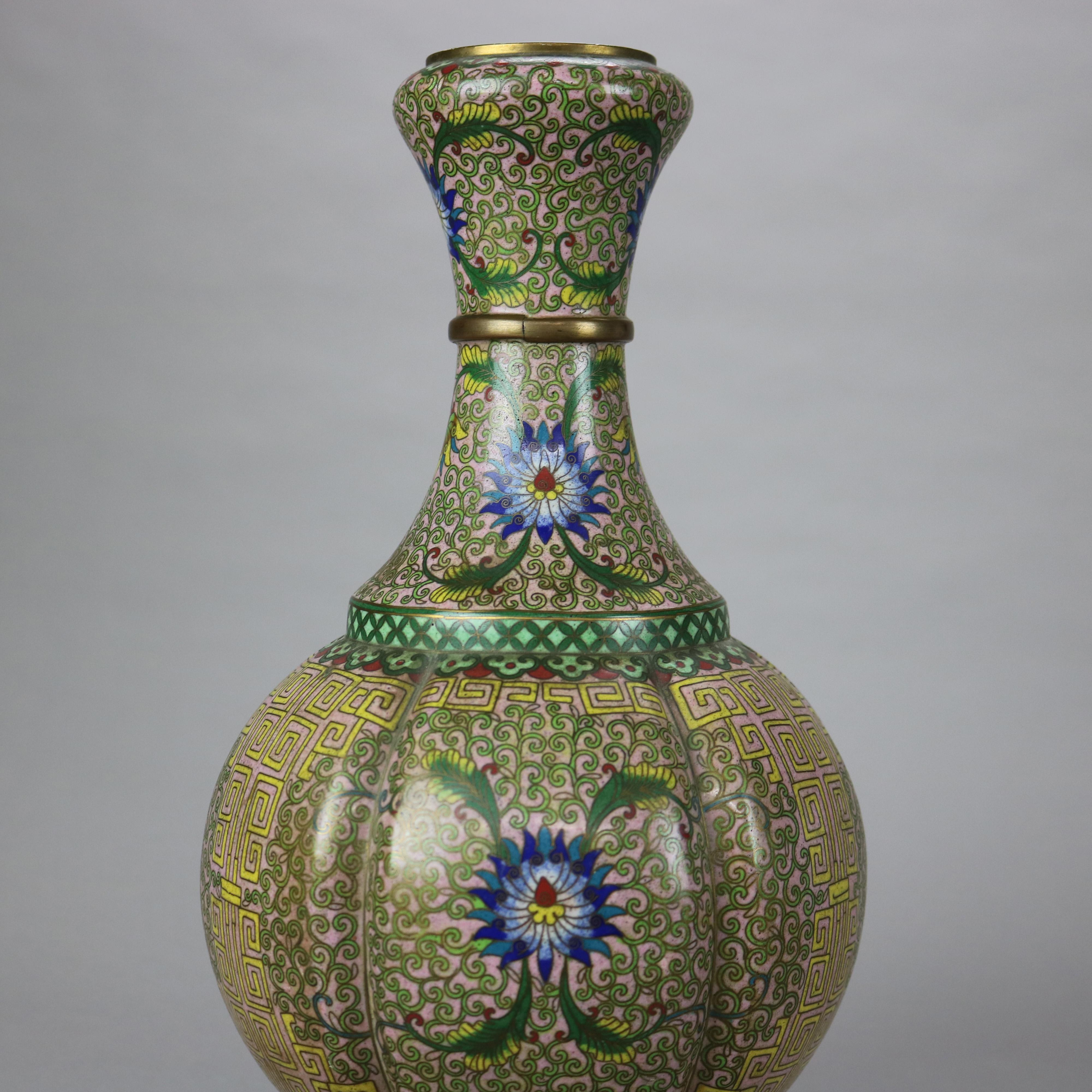 Antique Chinese Cloisonne Enameled Melon Vase with Persian Floral Design c1890 In Good Condition In Big Flats, NY