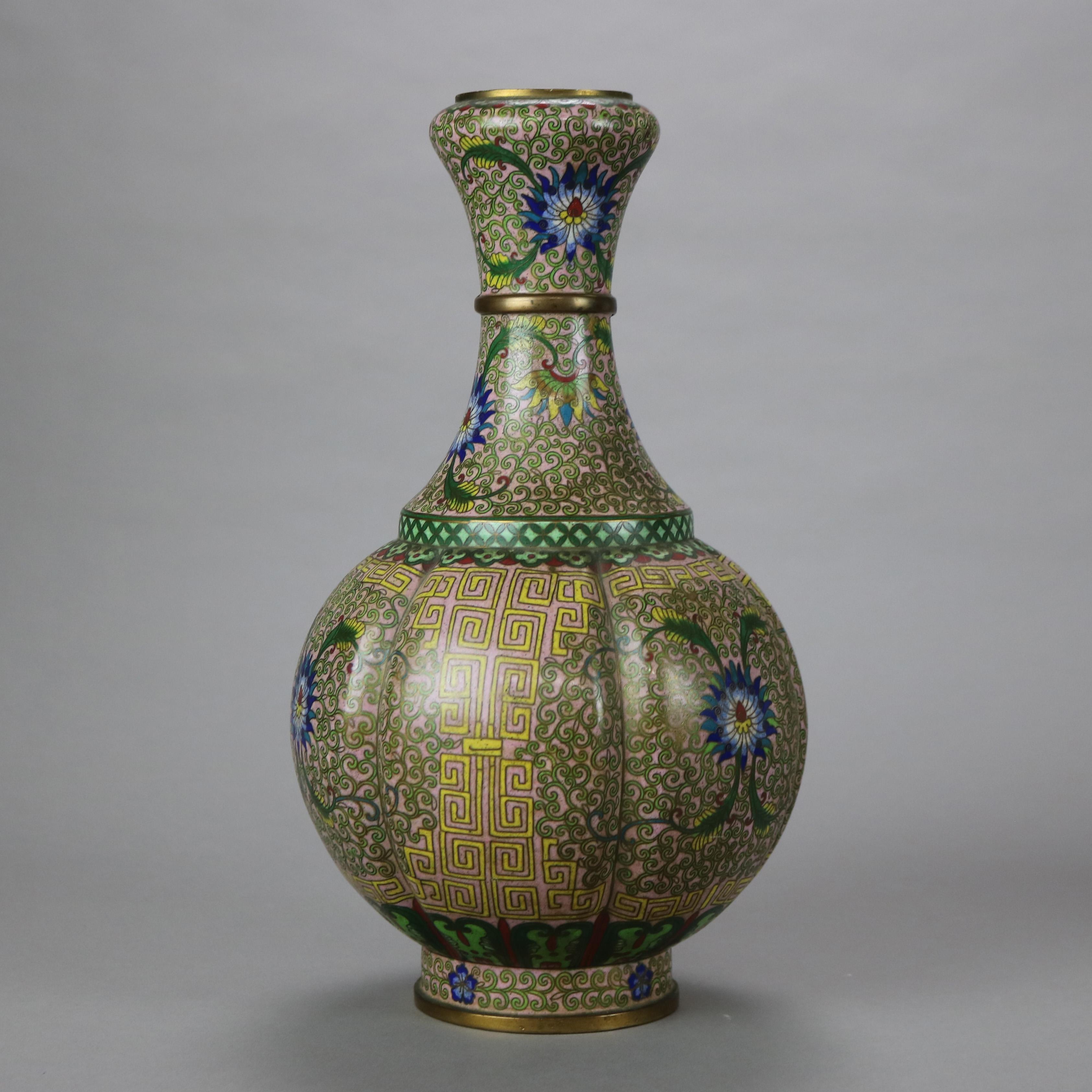 19th Century Antique Chinese Cloisonne Enameled Melon Vase with Persian Floral Design c1890