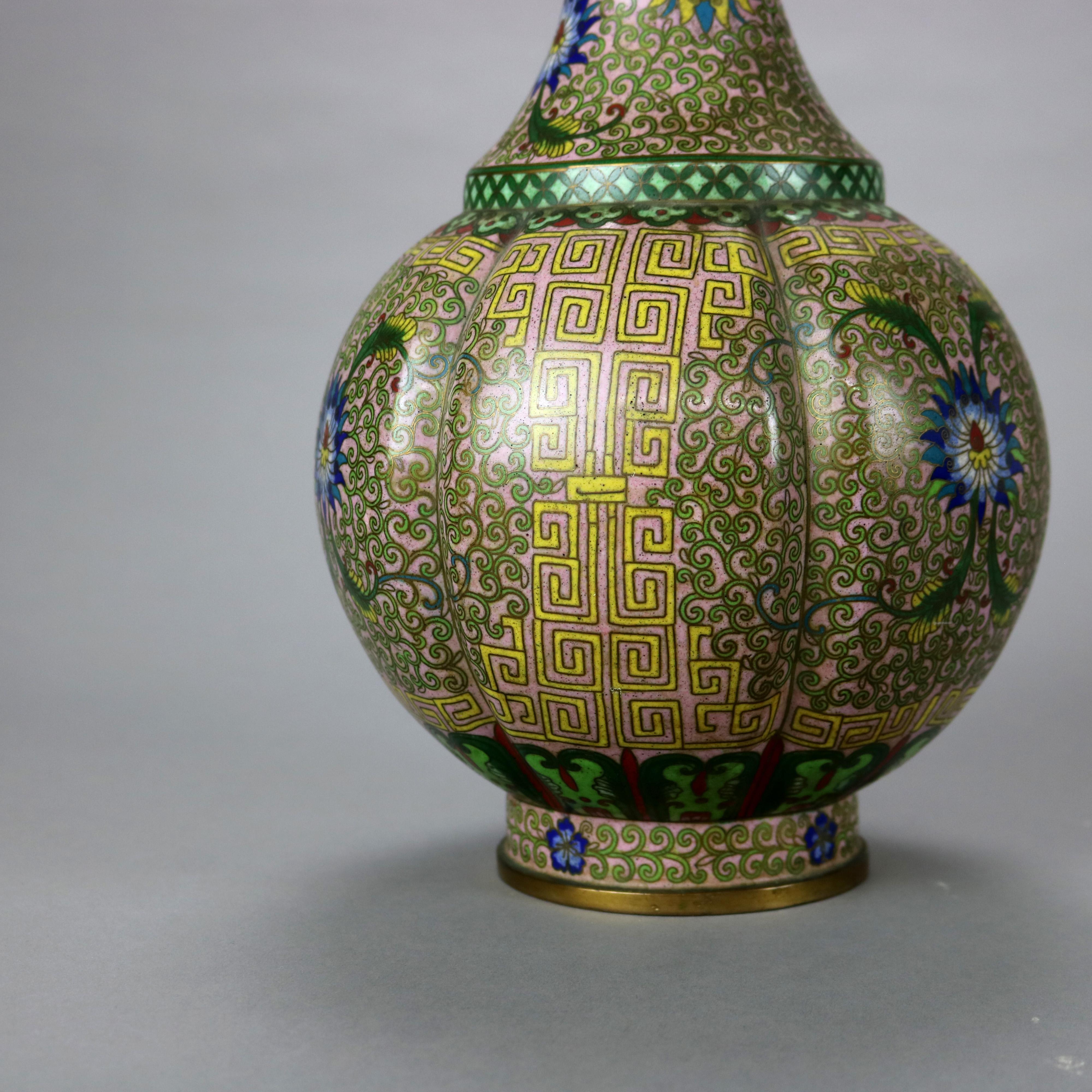 Metal Antique Chinese Cloisonne Enameled Melon Vase with Persian Floral Design c1890