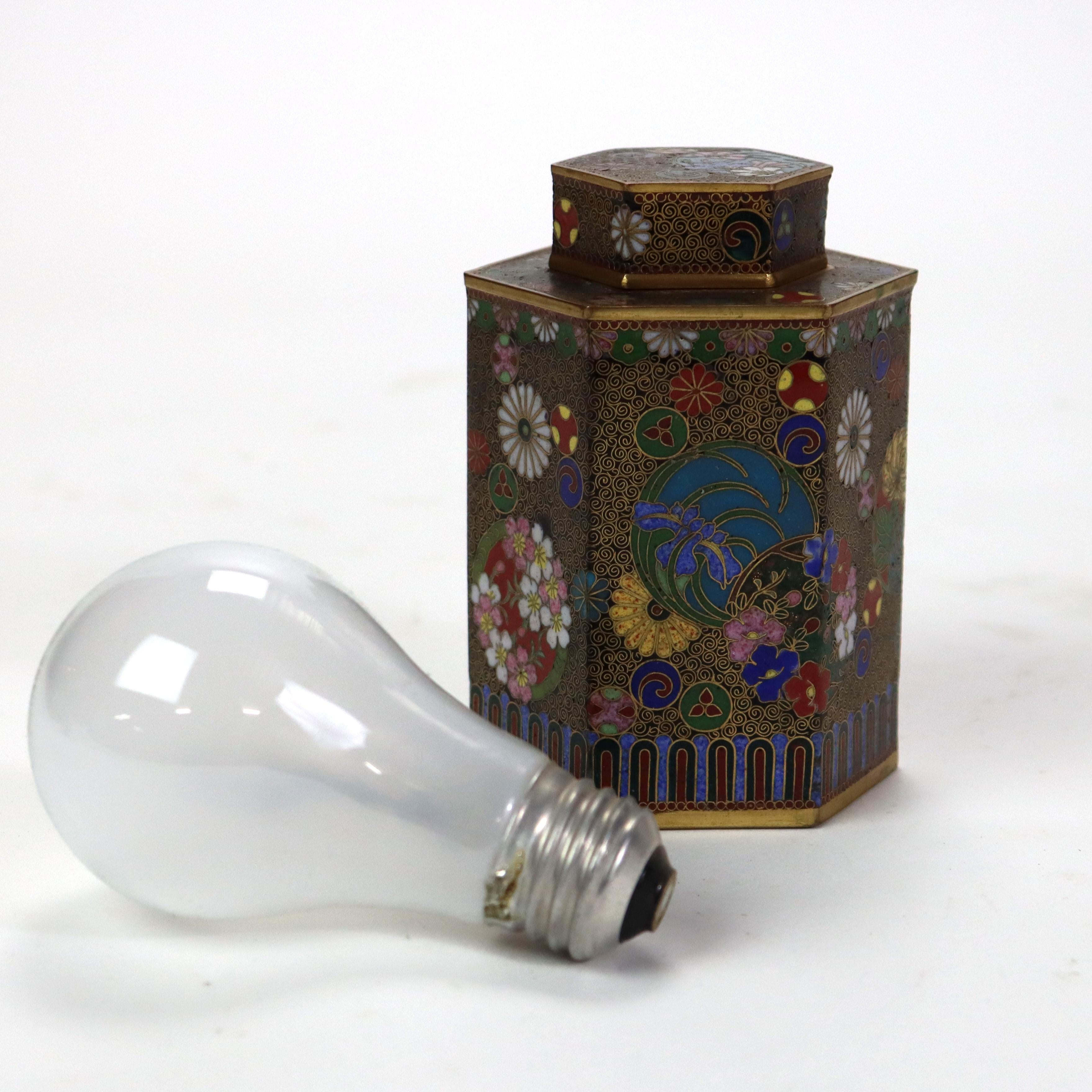 Antique Chinese Cloisonne Enameled Tea Caddy with Garden Flowers C1900 In Good Condition For Sale In Big Flats, NY