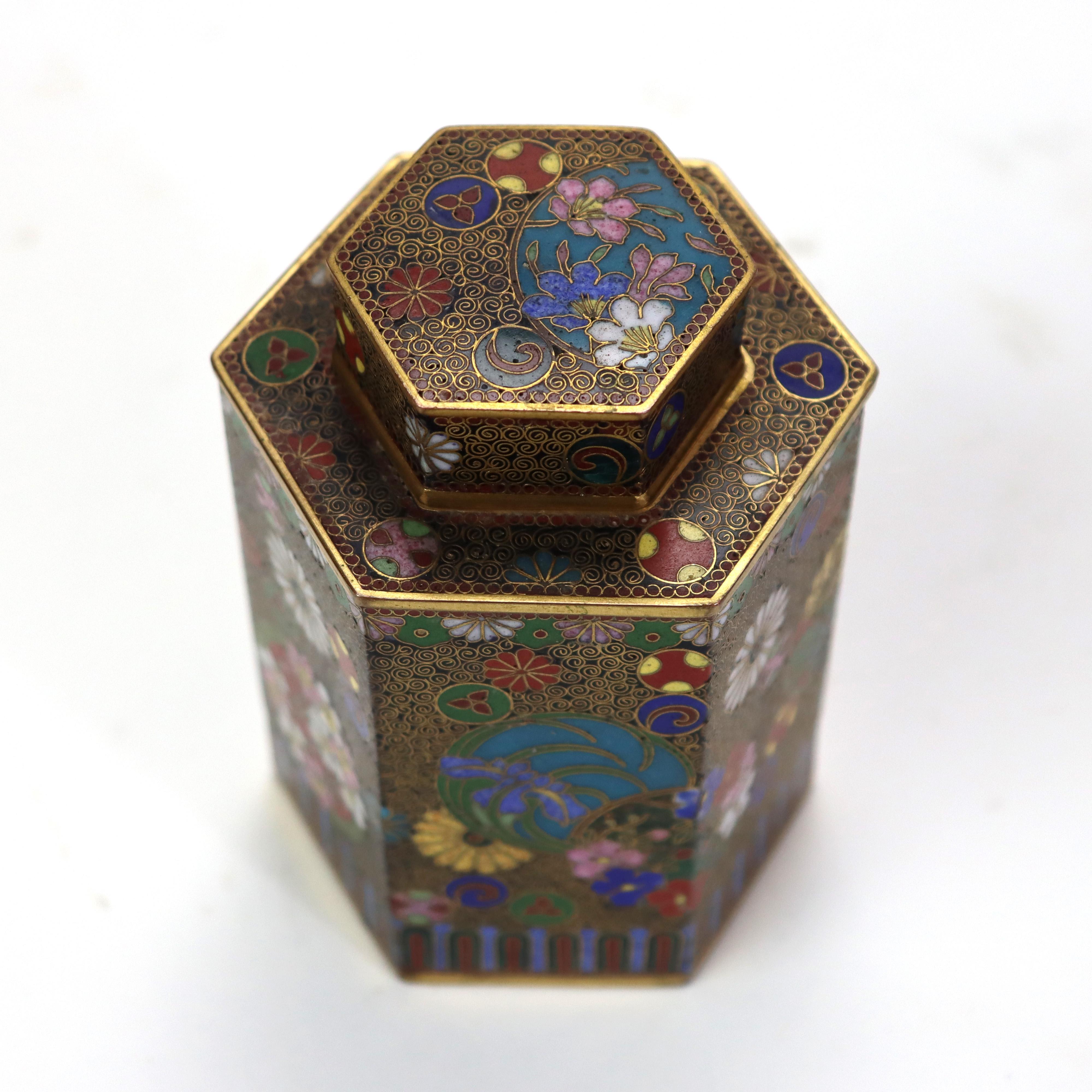 20th Century Antique Chinese Cloisonne Enameled Tea Caddy with Garden Flowers C1900 For Sale