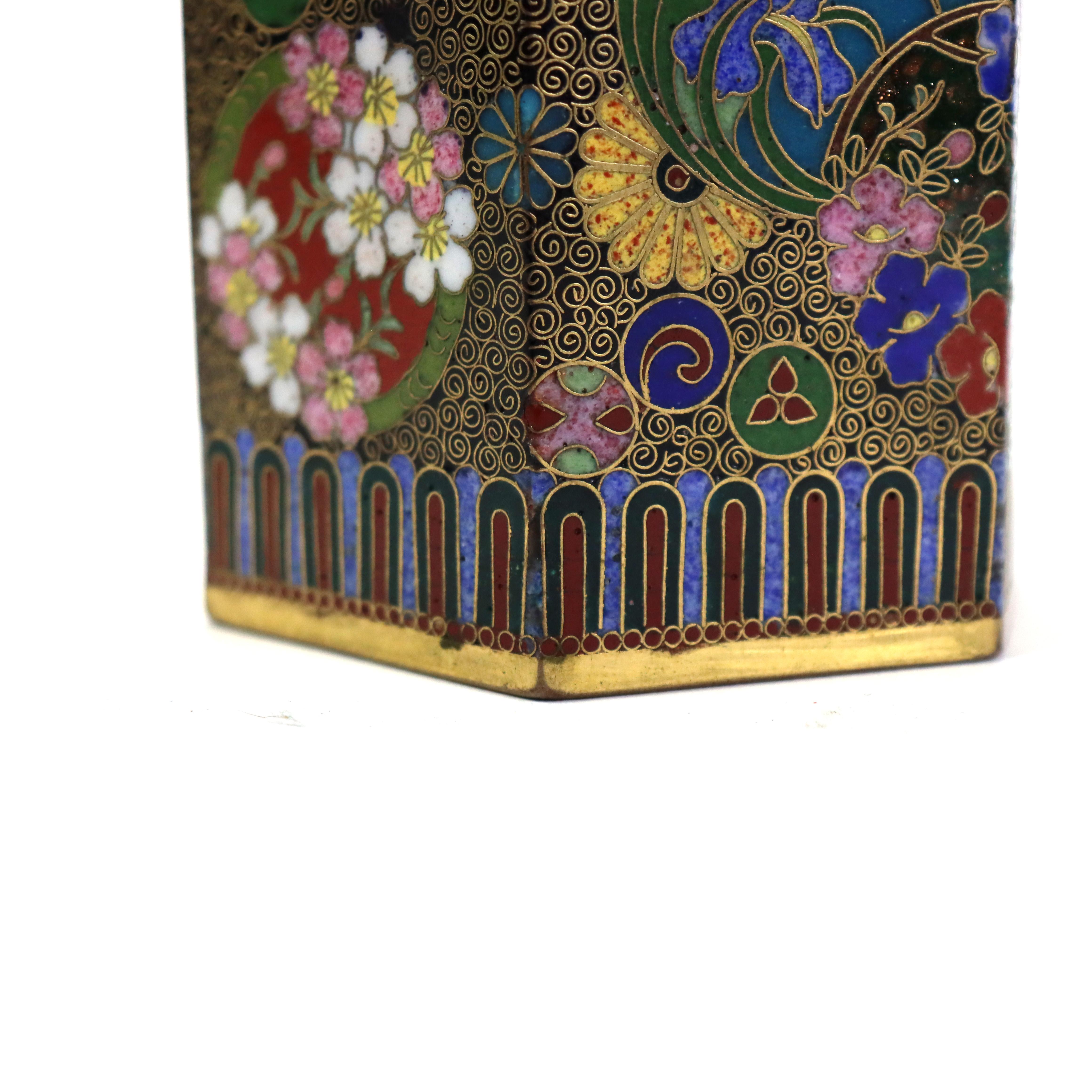 Metal Antique Chinese Cloisonne Enameled Tea Caddy with Garden Flowers C1900 For Sale