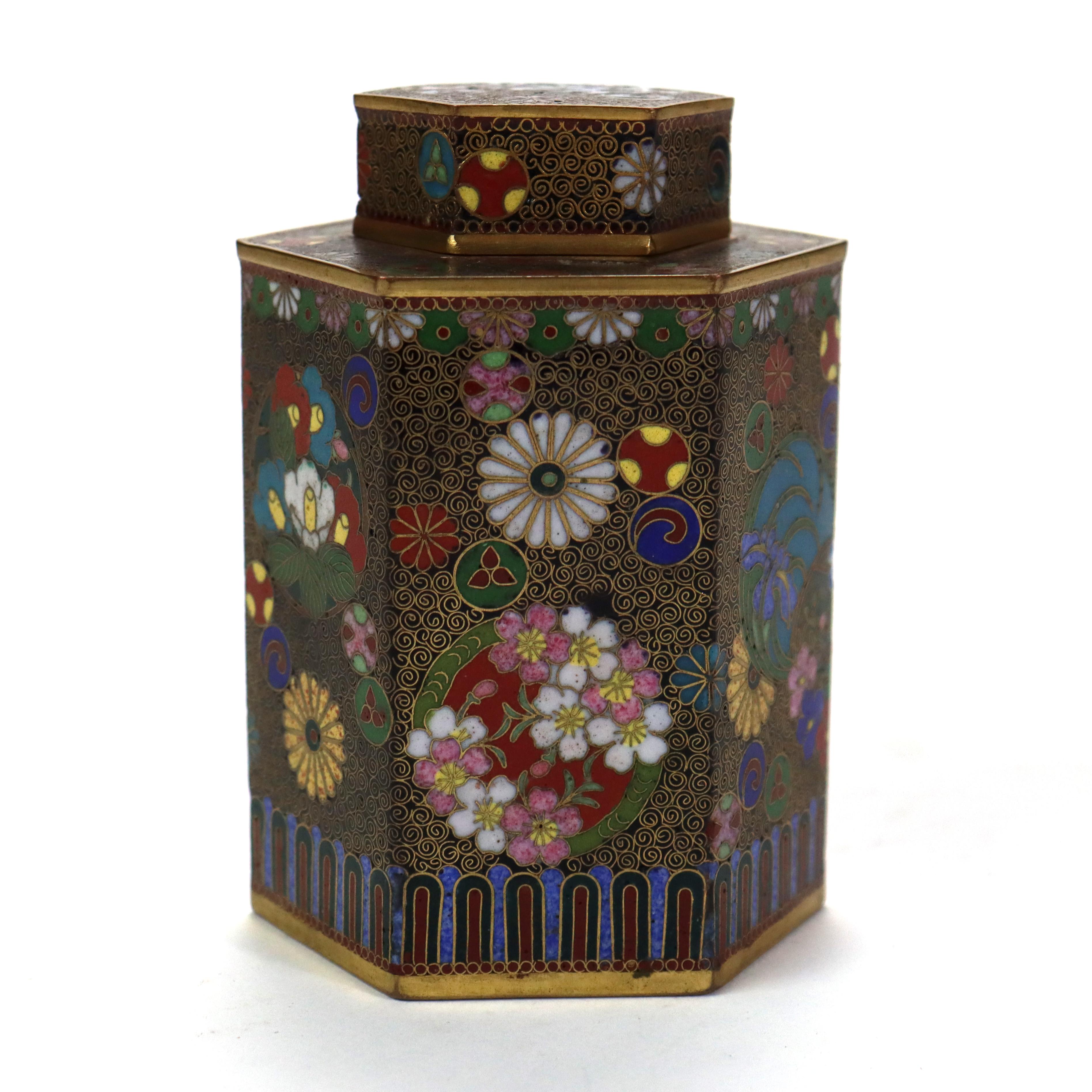 Antique Chinese Cloisonne Enameled Tea Caddy with Garden Flowers C1900 For Sale 1