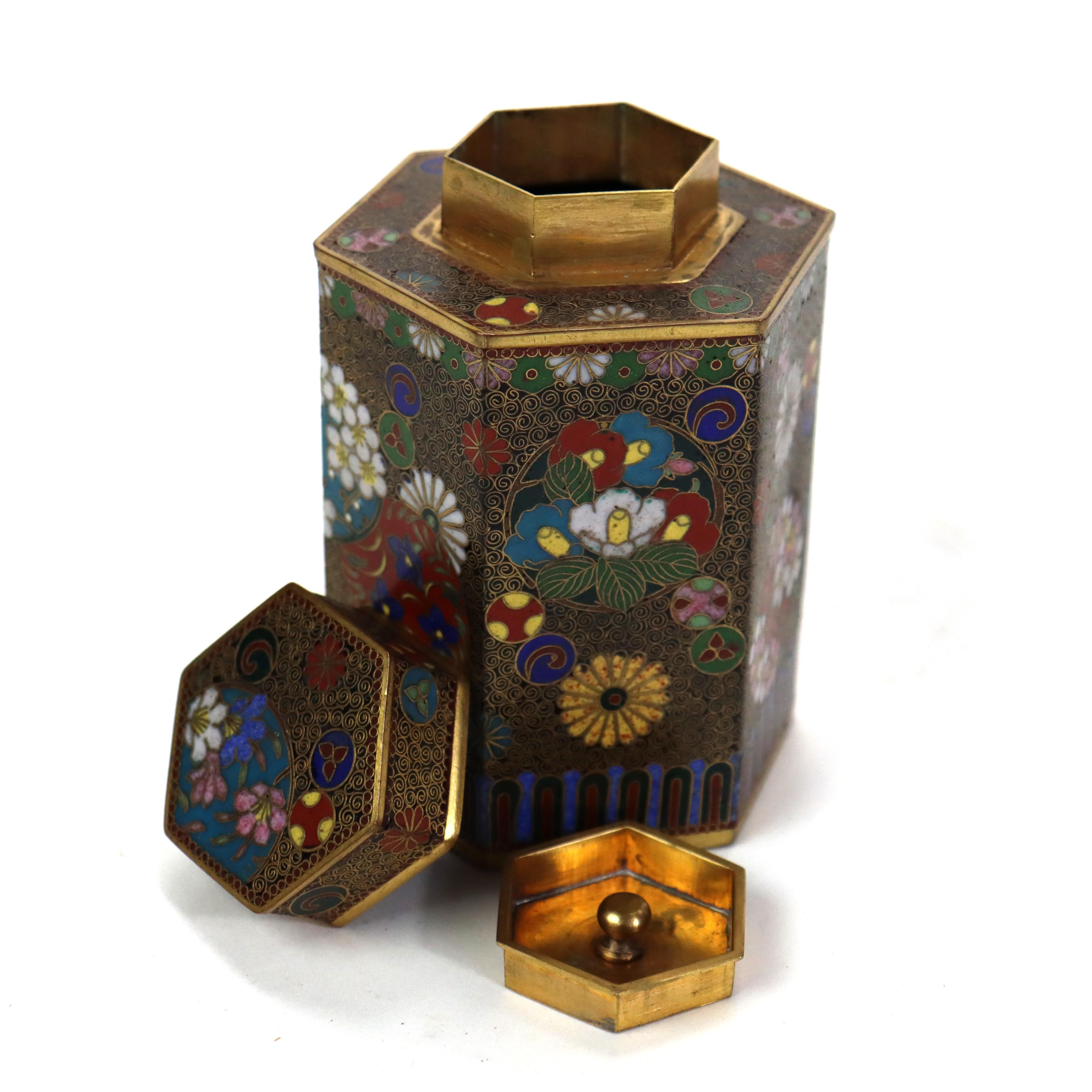 Antique Chinese Cloisonne Enameled Tea Caddy with Garden Flowers C1900 For Sale 2