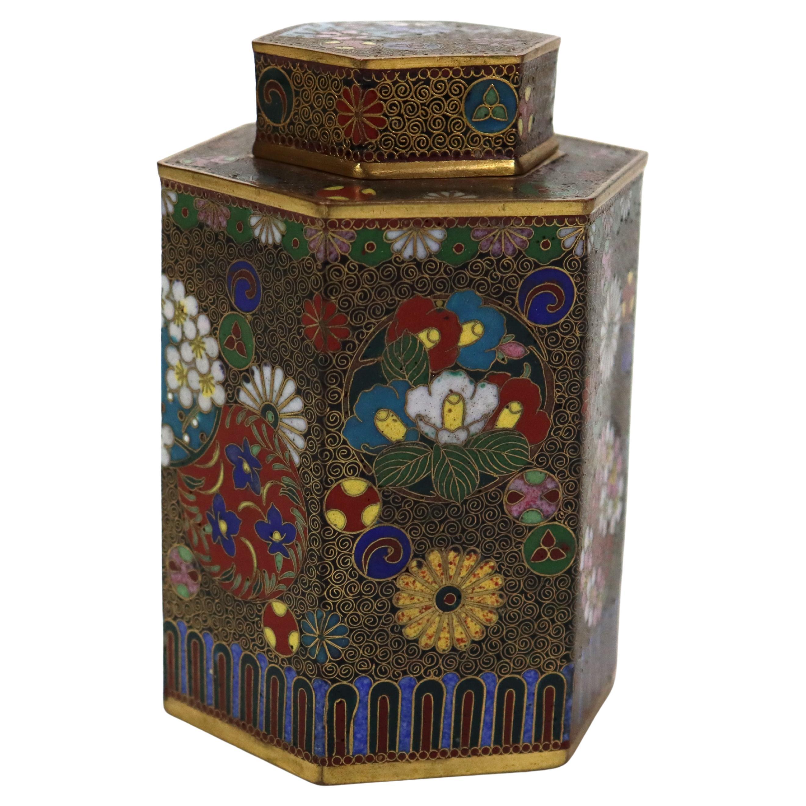 Antique Chinese Cloisonne Enameled Tea Caddy with Garden Flowers C1900 For Sale