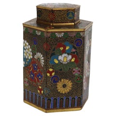 Antique Chinese Cloisonne Enameled Tea Caddy with Garden Flowers C1900