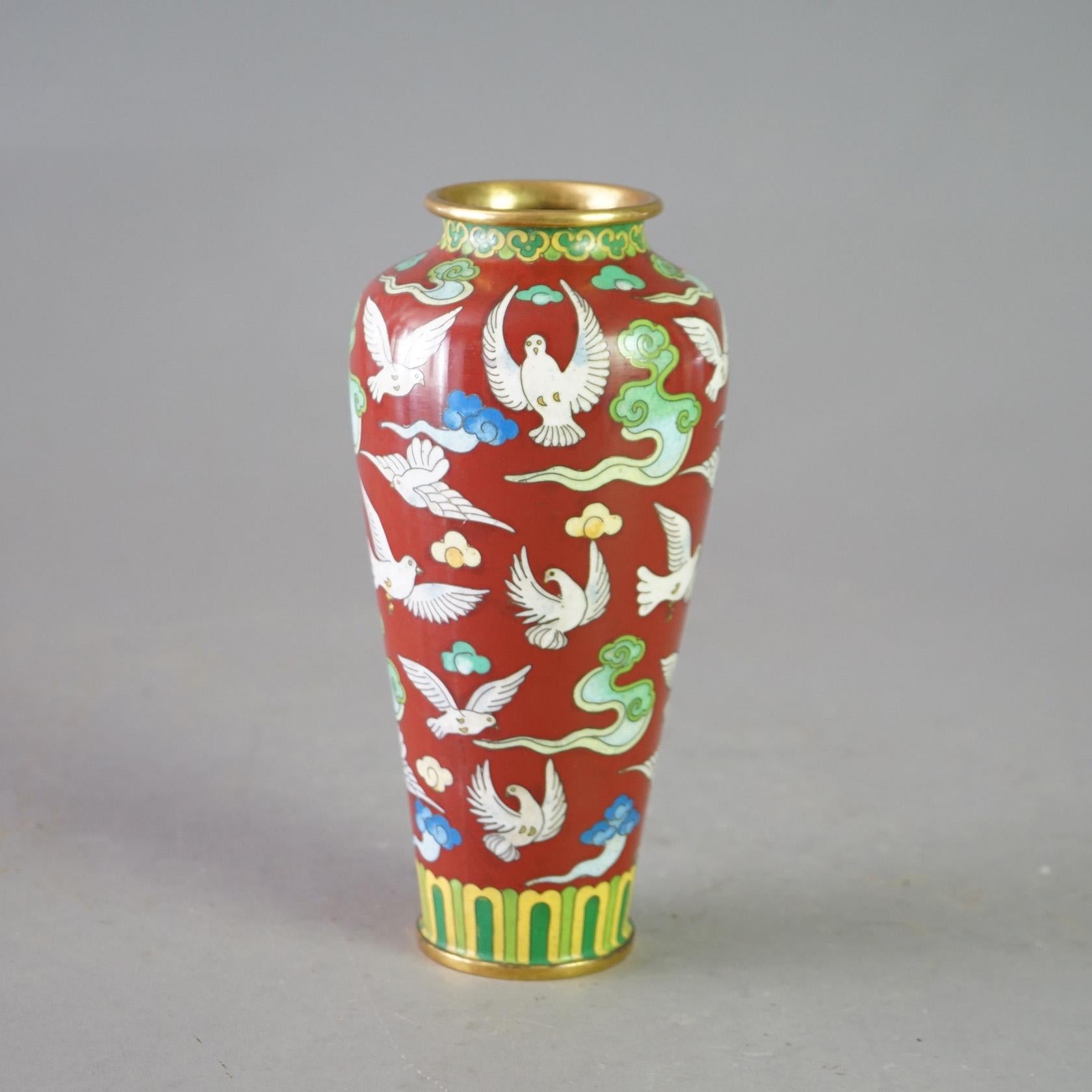 Asian Antique Chinese Cloisonne Enameled Vase with Doves Circa 1920 For Sale