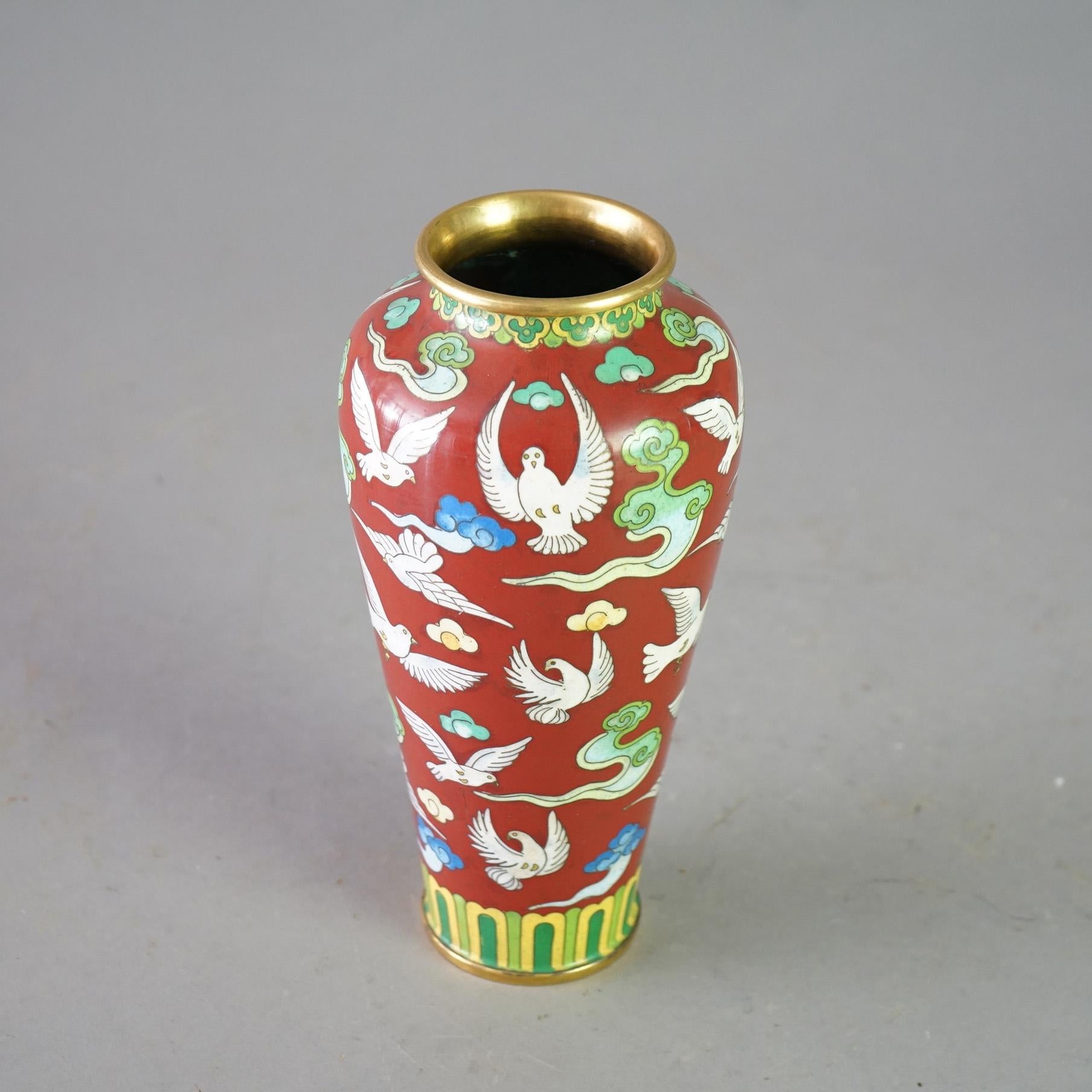 Antique Chinese Cloisonne Enameled Vase with Doves Circa 1920 In Good Condition For Sale In Big Flats, NY