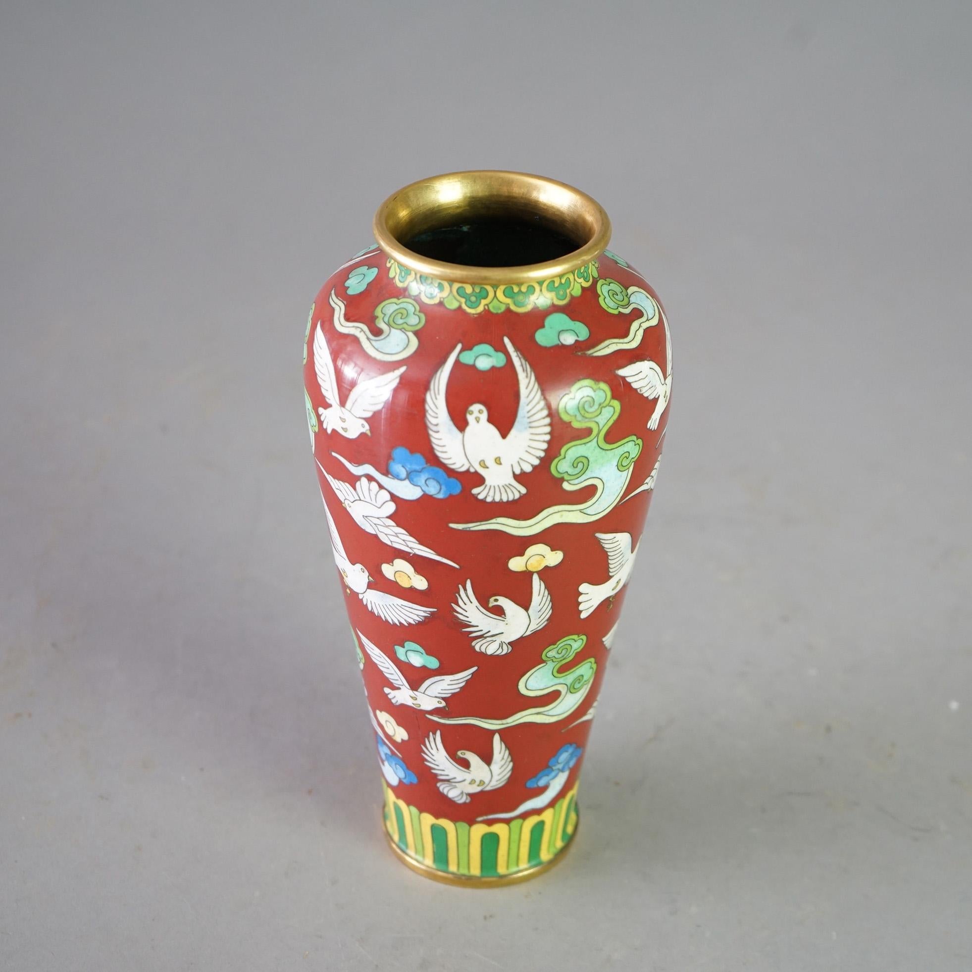 20th Century Antique Chinese Cloisonne Enameled Vase with Doves Circa 1920 For Sale