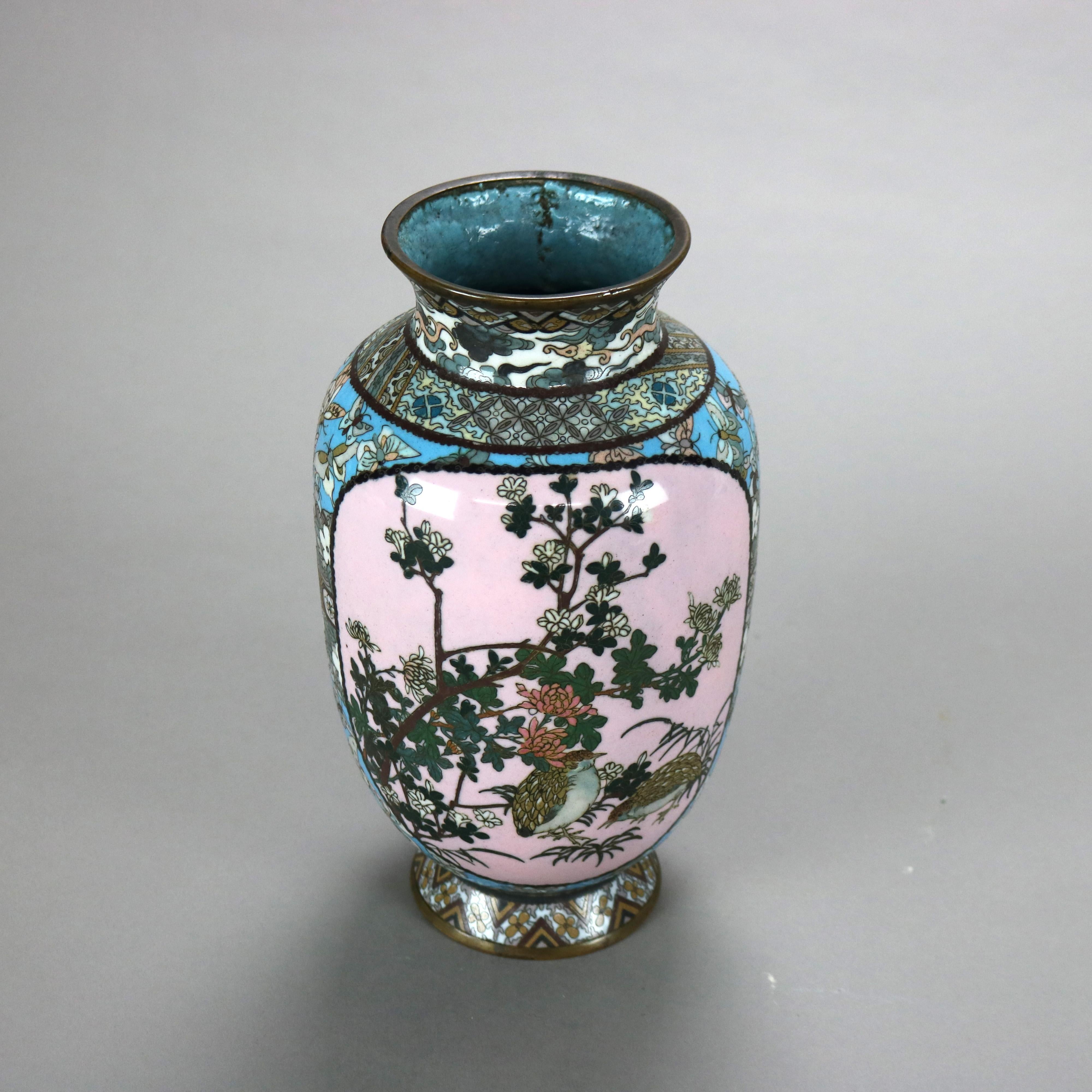 Antique Chinese Cloisonne Enameled Vase with Garden & Quail Design C1890

Measures - 10