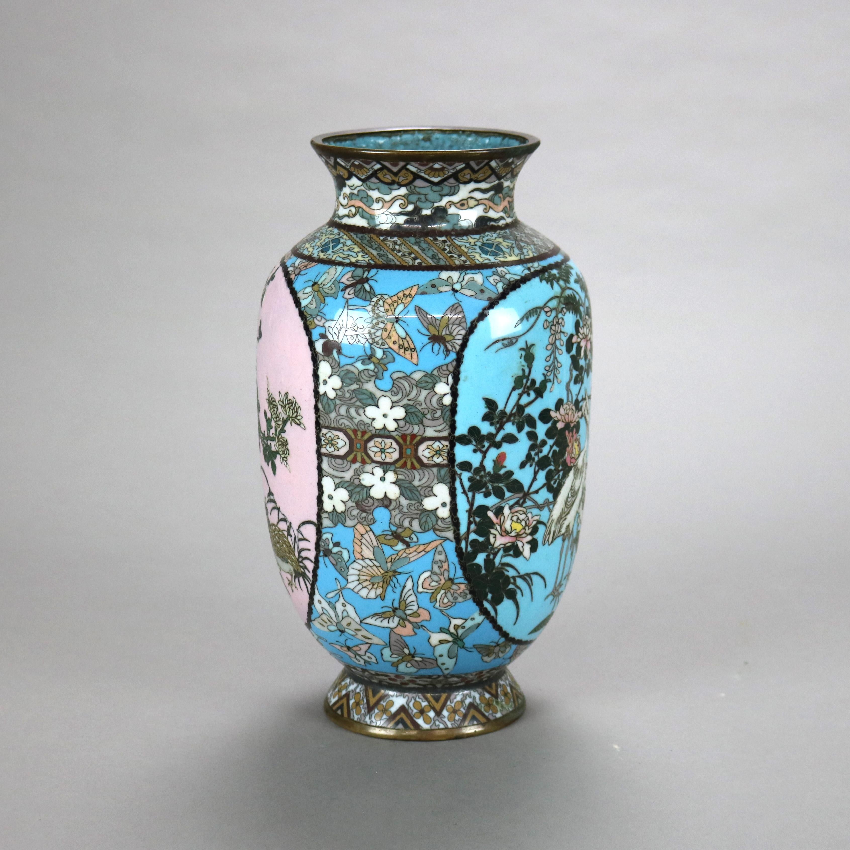 Asian Antique Chinese Cloisonne Enameled Vase with Garden & Quail Design C1890