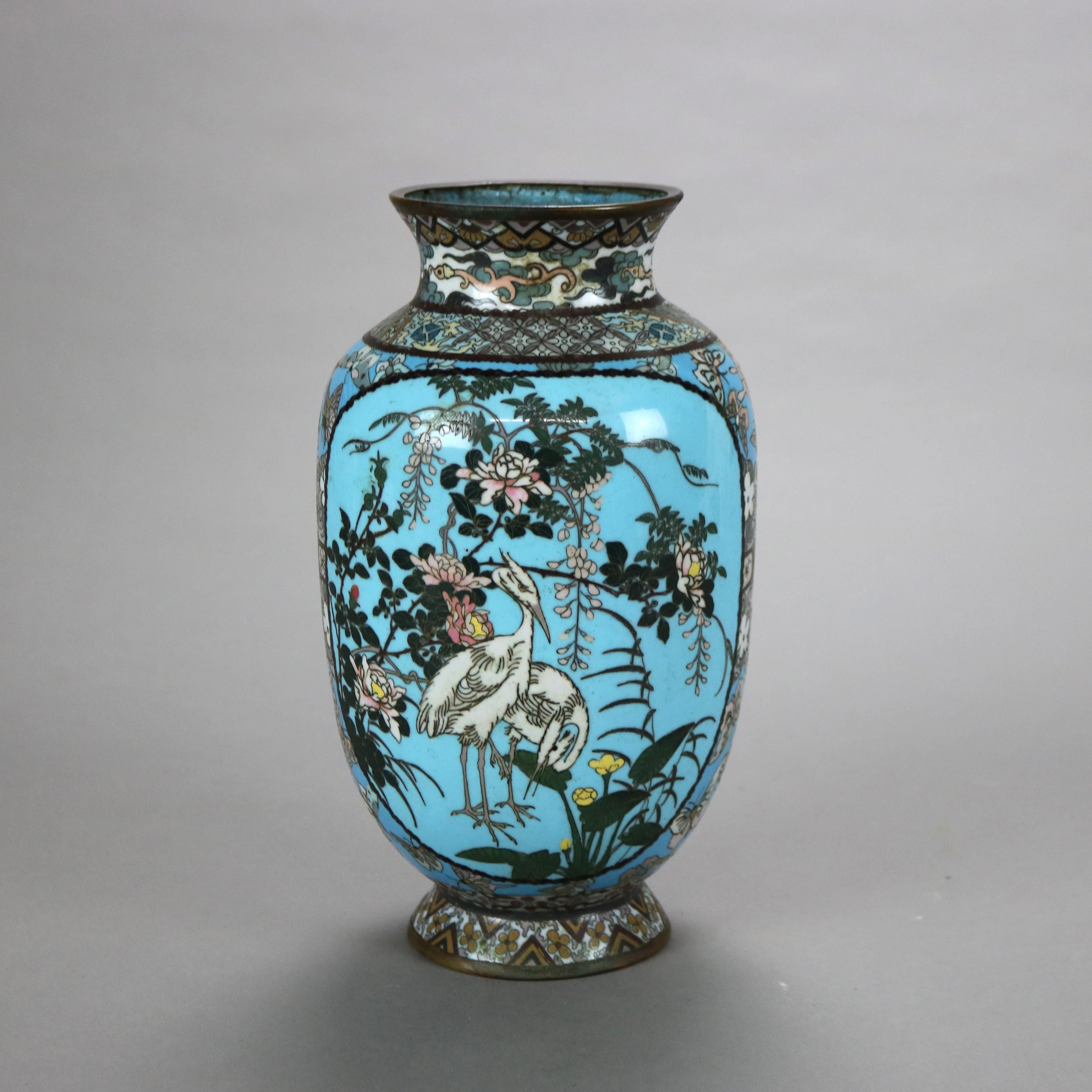 Antique Chinese Cloisonne Enameled Vase with Garden & Quail Design C1890 In Good Condition In Big Flats, NY