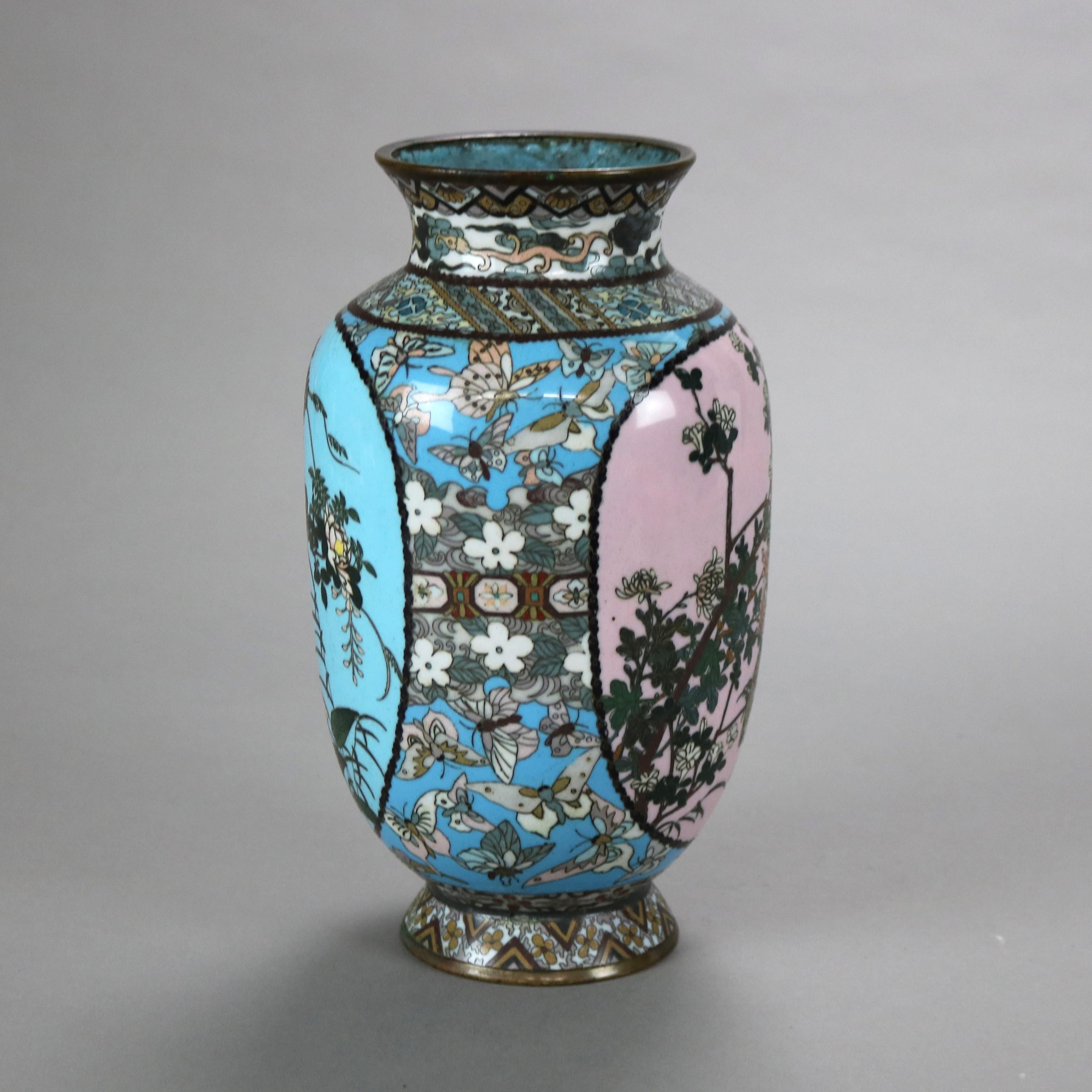 Metal Antique Chinese Cloisonne Enameled Vase with Garden & Quail Design C1890