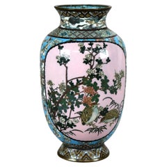 Antique Chinese Cloisonne Enameled Vase with Garden & Quail Design C1890