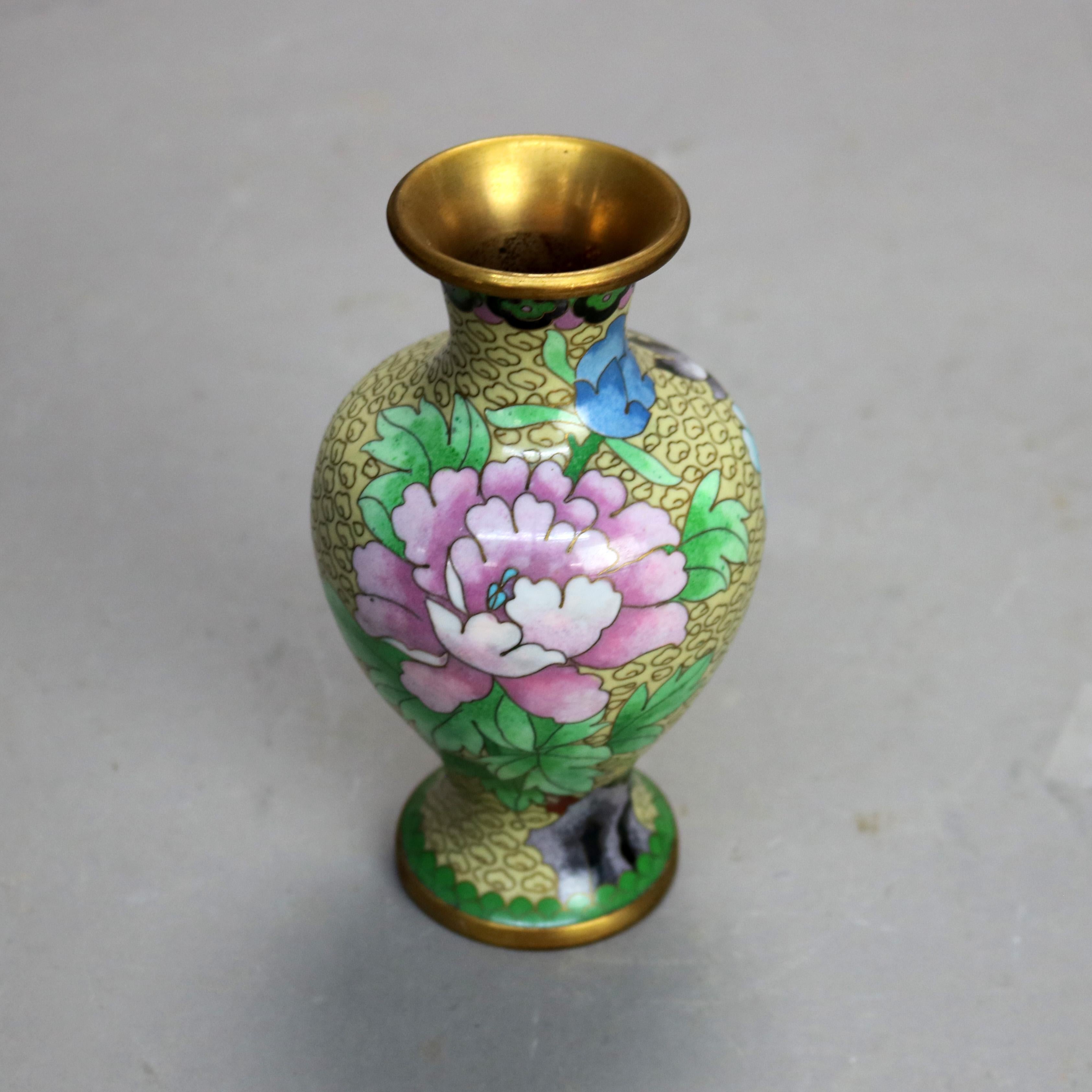 Antique Chinese Cloisonne Enameled Vase With Peonies 20thC In Good Condition For Sale In Big Flats, NY