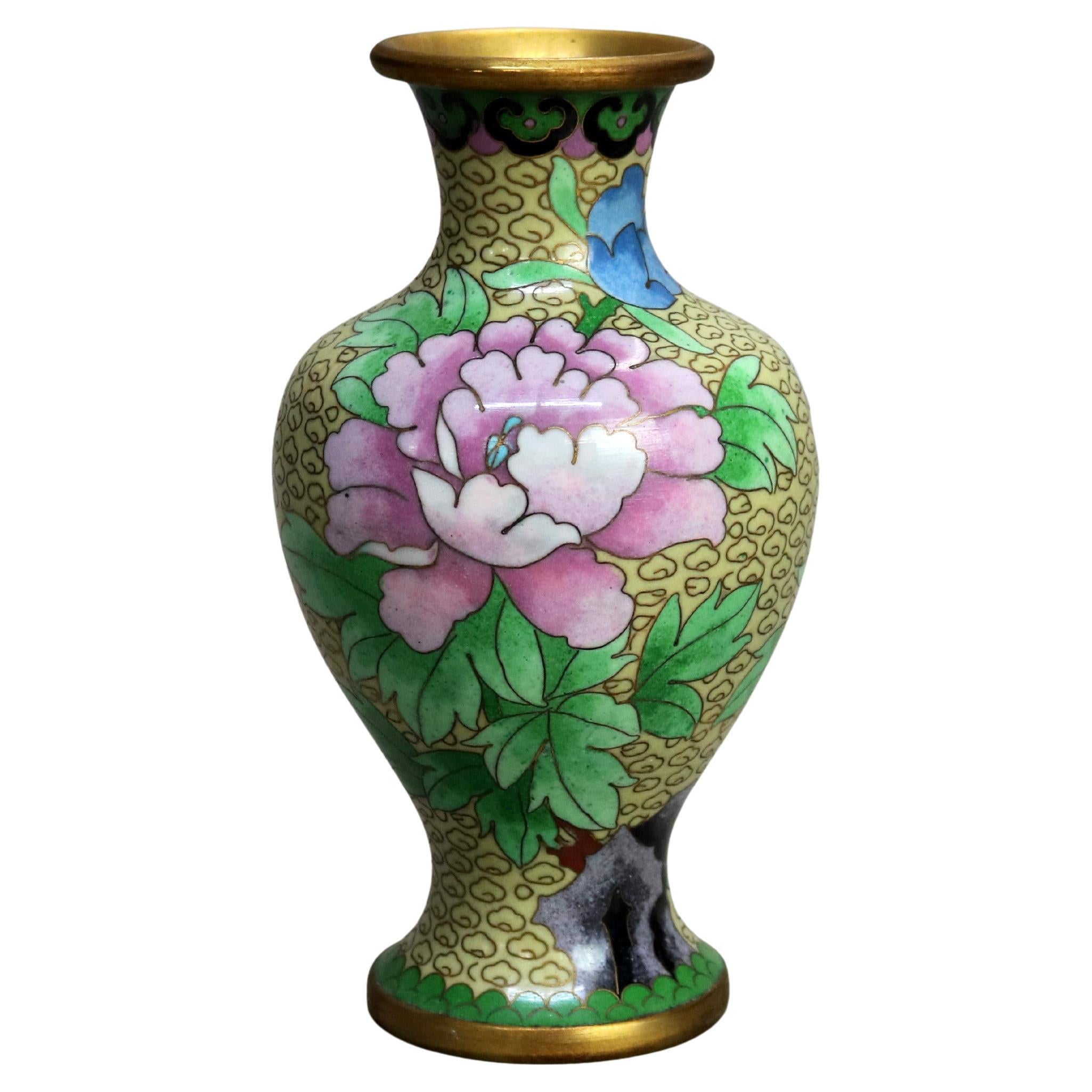 Antique Chinese Cloisonne Enameled Vase With Peonies 20thC For Sale