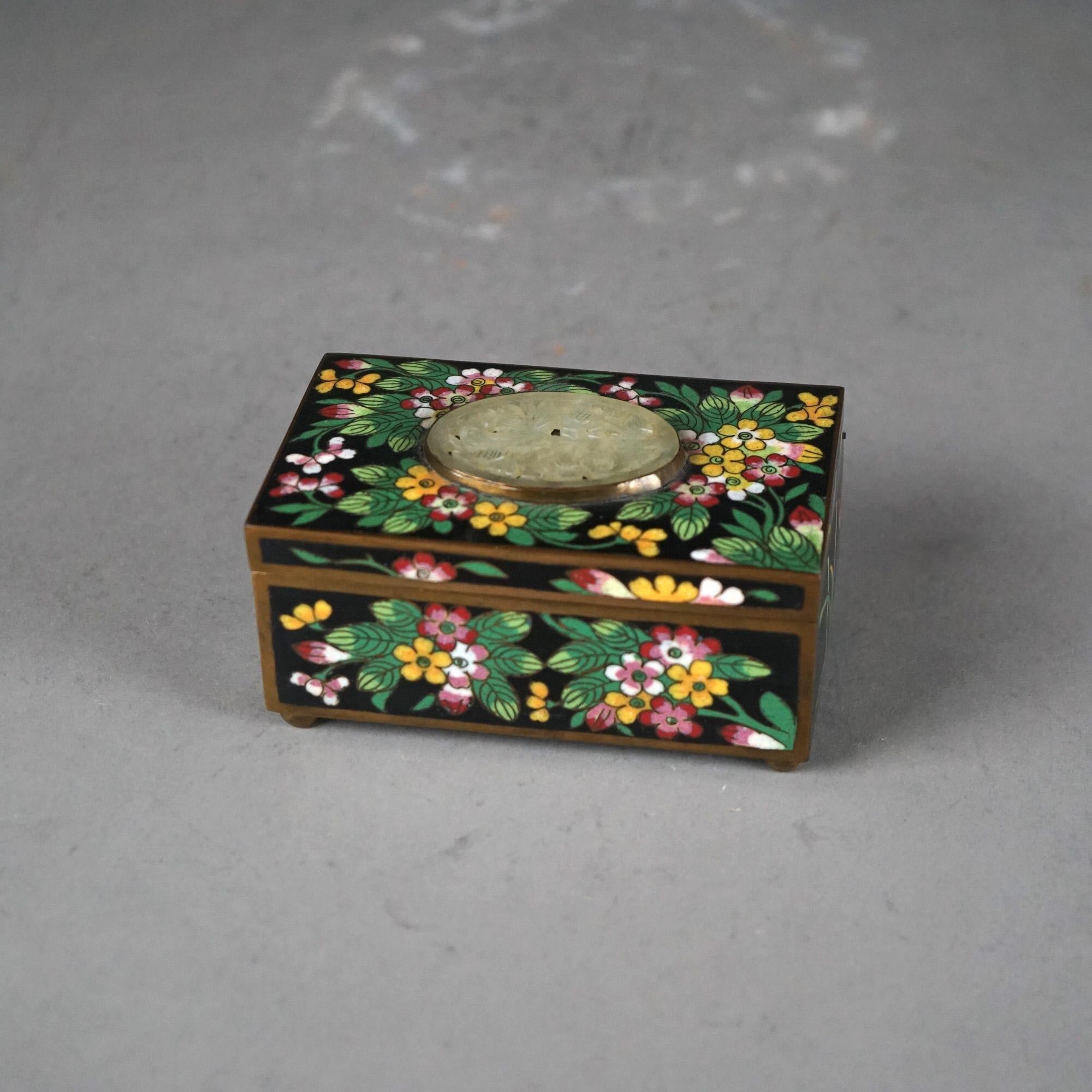 Antique Chinese Cloisonne Floral Enameled & Carved White Jade Dresser Box C1920

Measures - 2 1/2