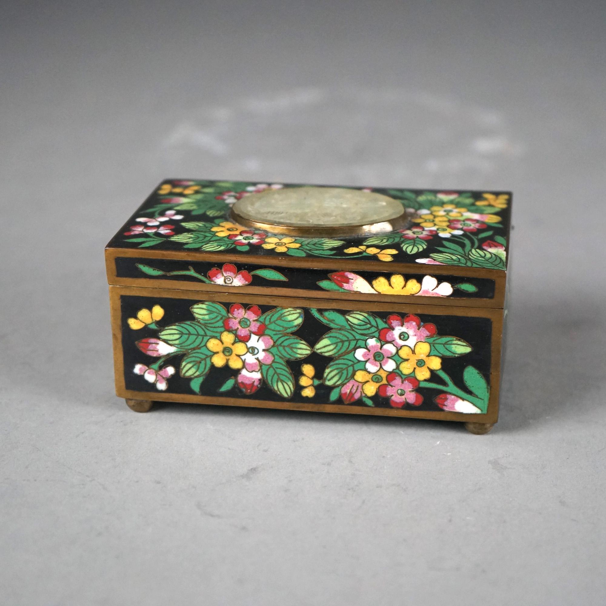Asian Antique Chinese Cloisonne Floral Enameled & Carved White Jade Dresser Box C1920 For Sale