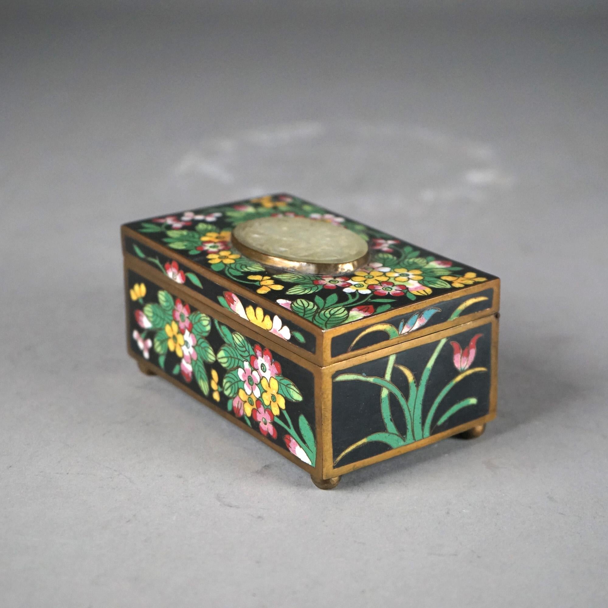 Antique Chinese Cloisonne Floral Enameled & Carved White Jade Dresser Box C1920 In Good Condition For Sale In Big Flats, NY