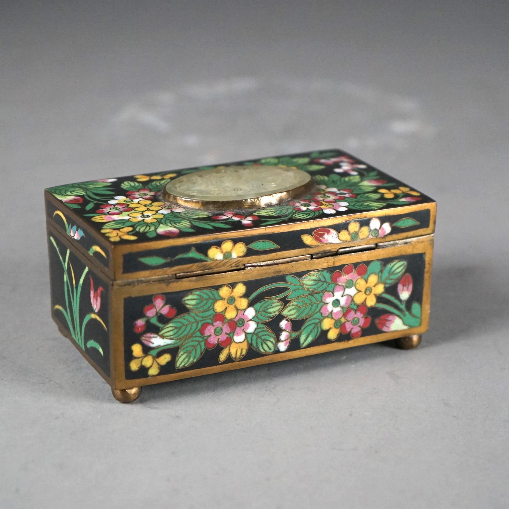 20th Century Antique Chinese Cloisonne Floral Enameled & Carved White Jade Dresser Box C1920 For Sale
