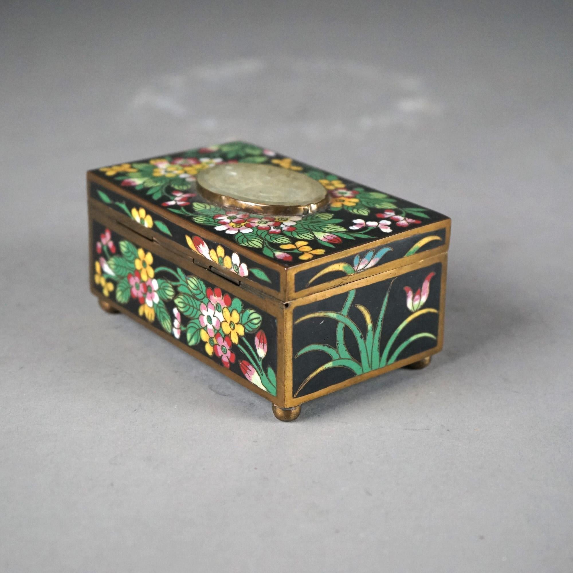 Metal Antique Chinese Cloisonne Floral Enameled & Carved White Jade Dresser Box C1920 For Sale