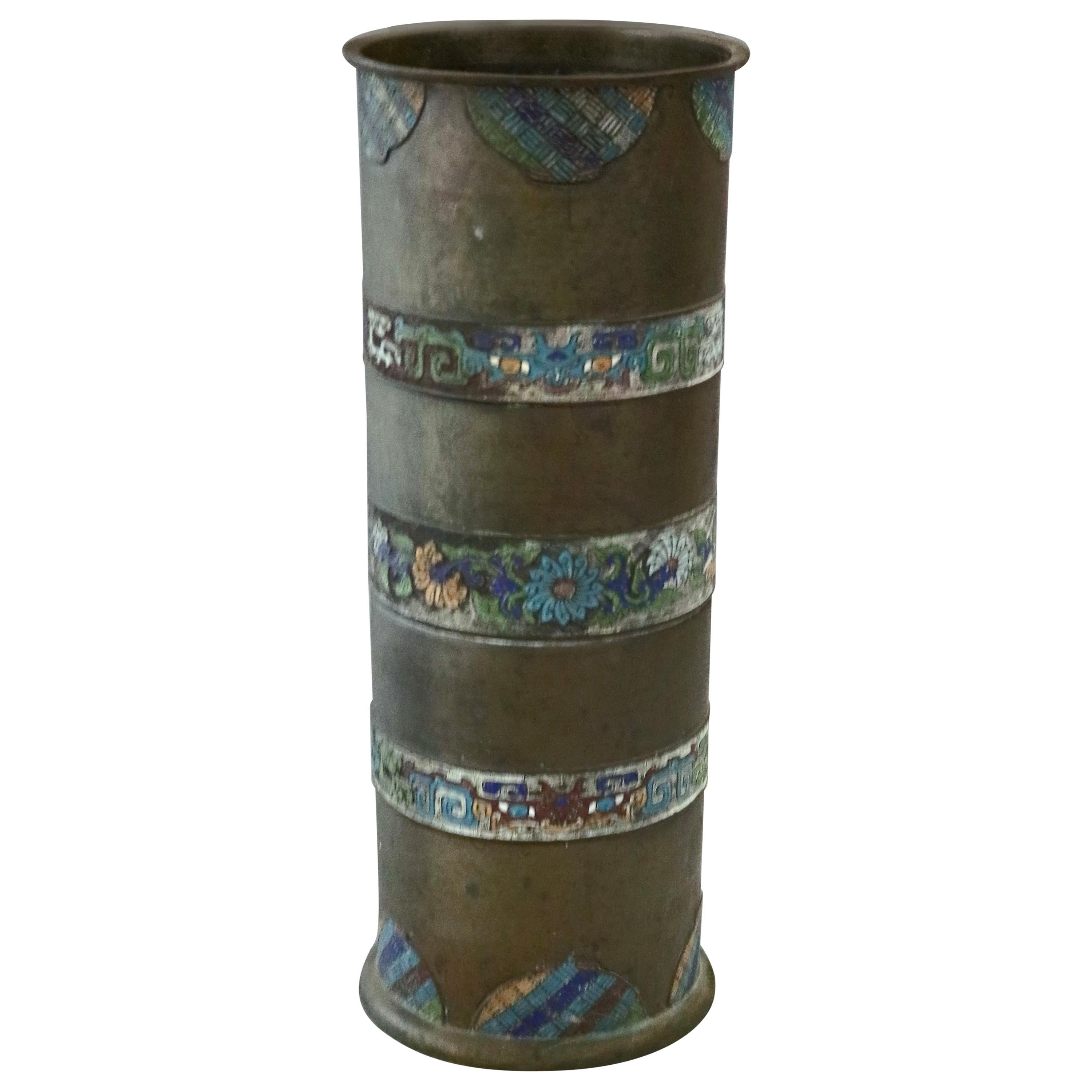 Antique Chinese Cloisonné Hand Enameled Bronze Umbrella Stand, 19th Century