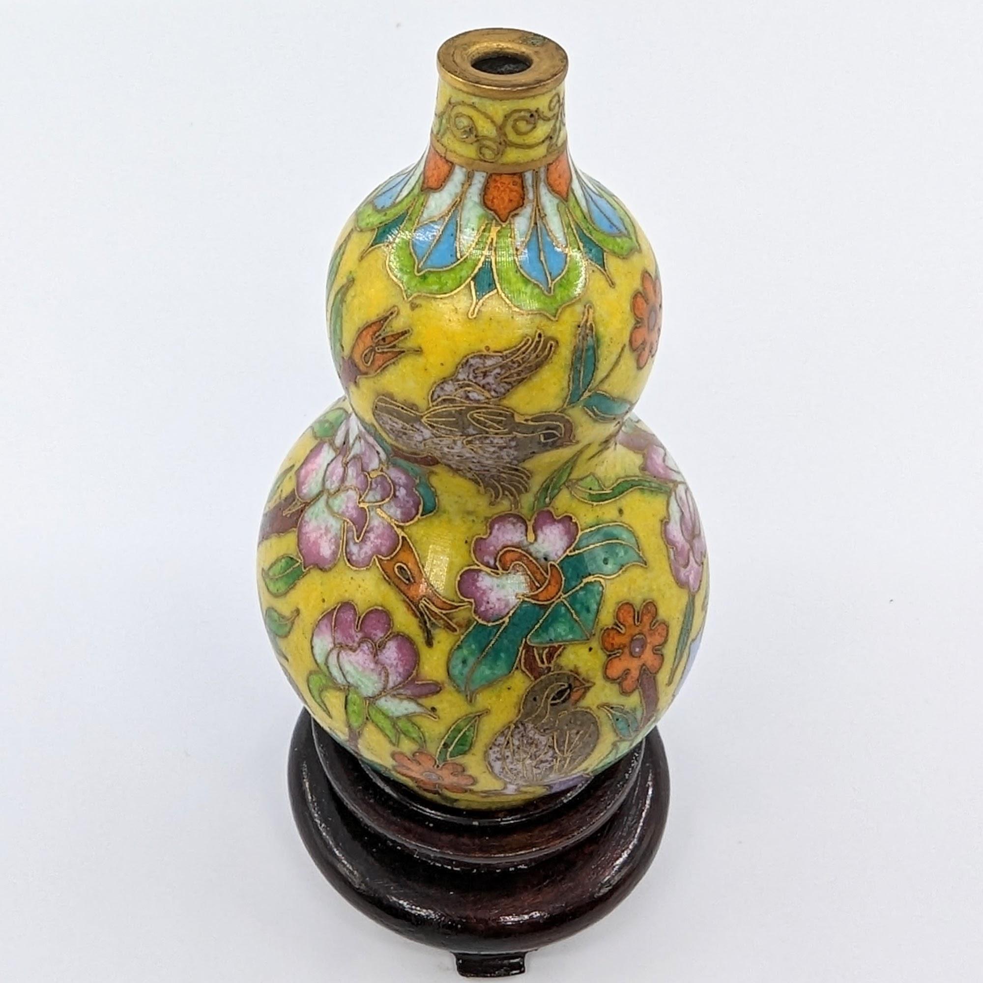 Antique Chinese Cloisonne Hulu Gourd Snuff Bottle Vase Hardwood Stand Republic For Sale 3