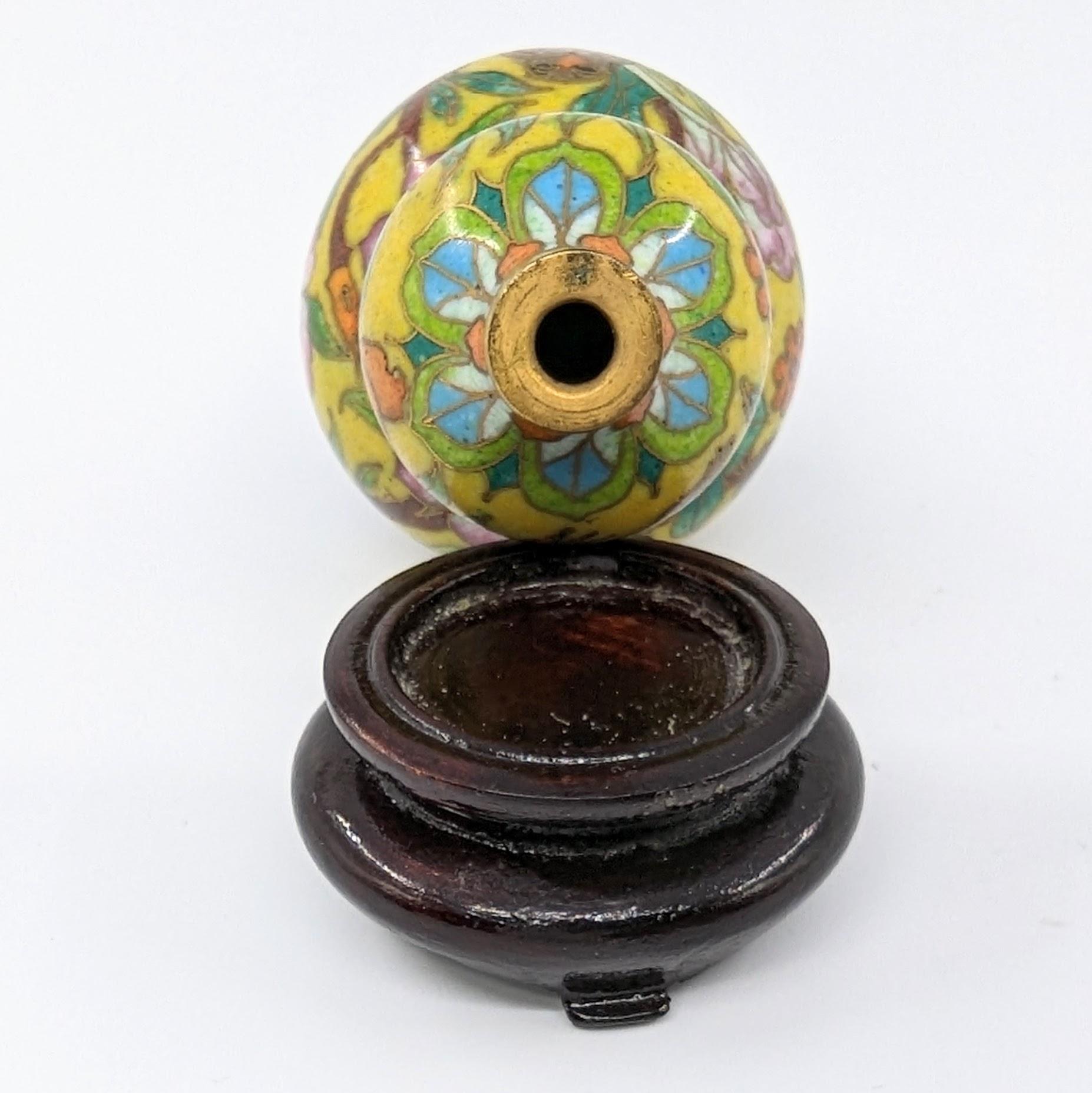 Antique Chinese Cloisonne Hulu Gourd Snuff Bottle Vase Hardwood Stand Republic For Sale 5