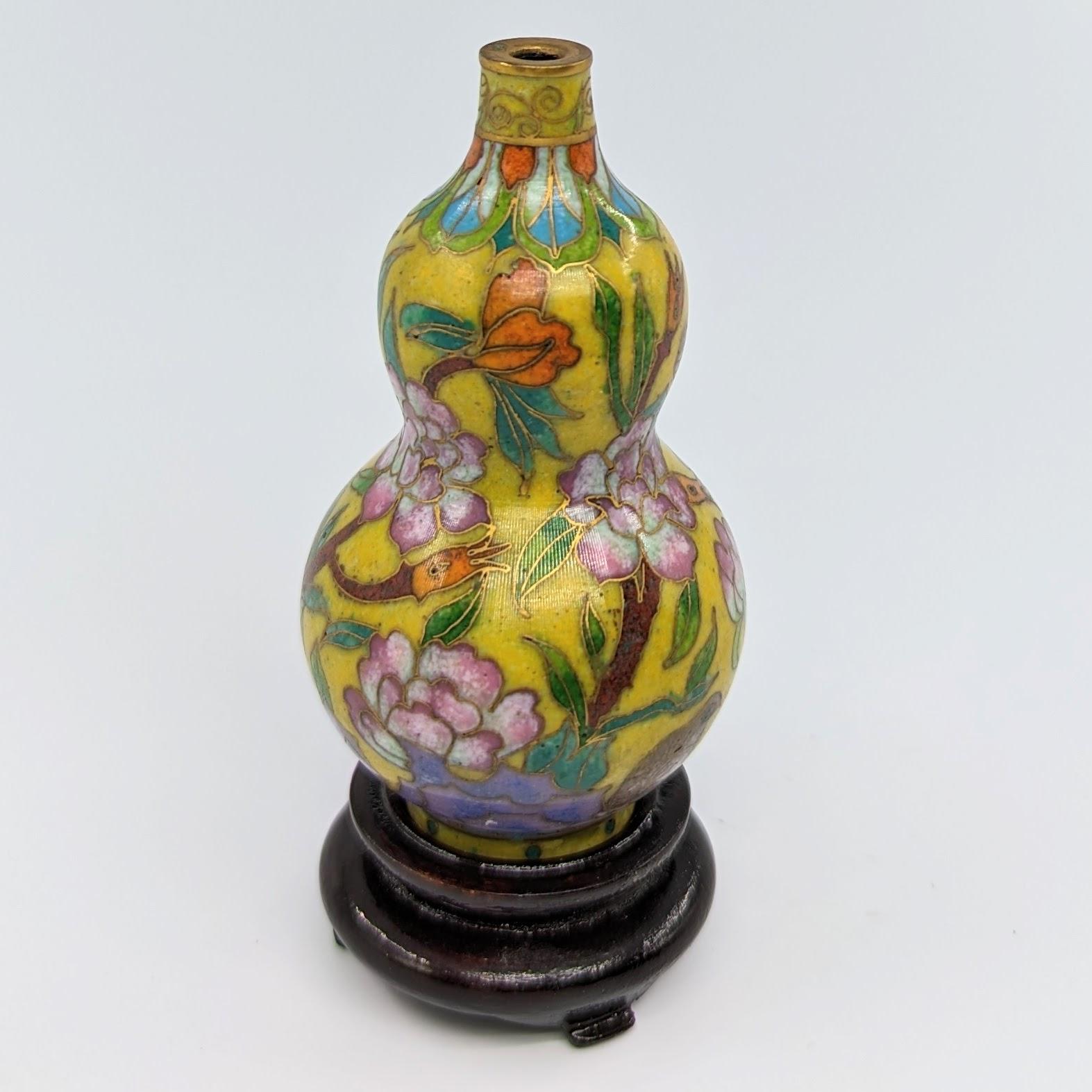 Antique Chinese Cloisonne Hulu Gourd Snuff Bottle Vase Hardwood Stand Republic For Sale 6