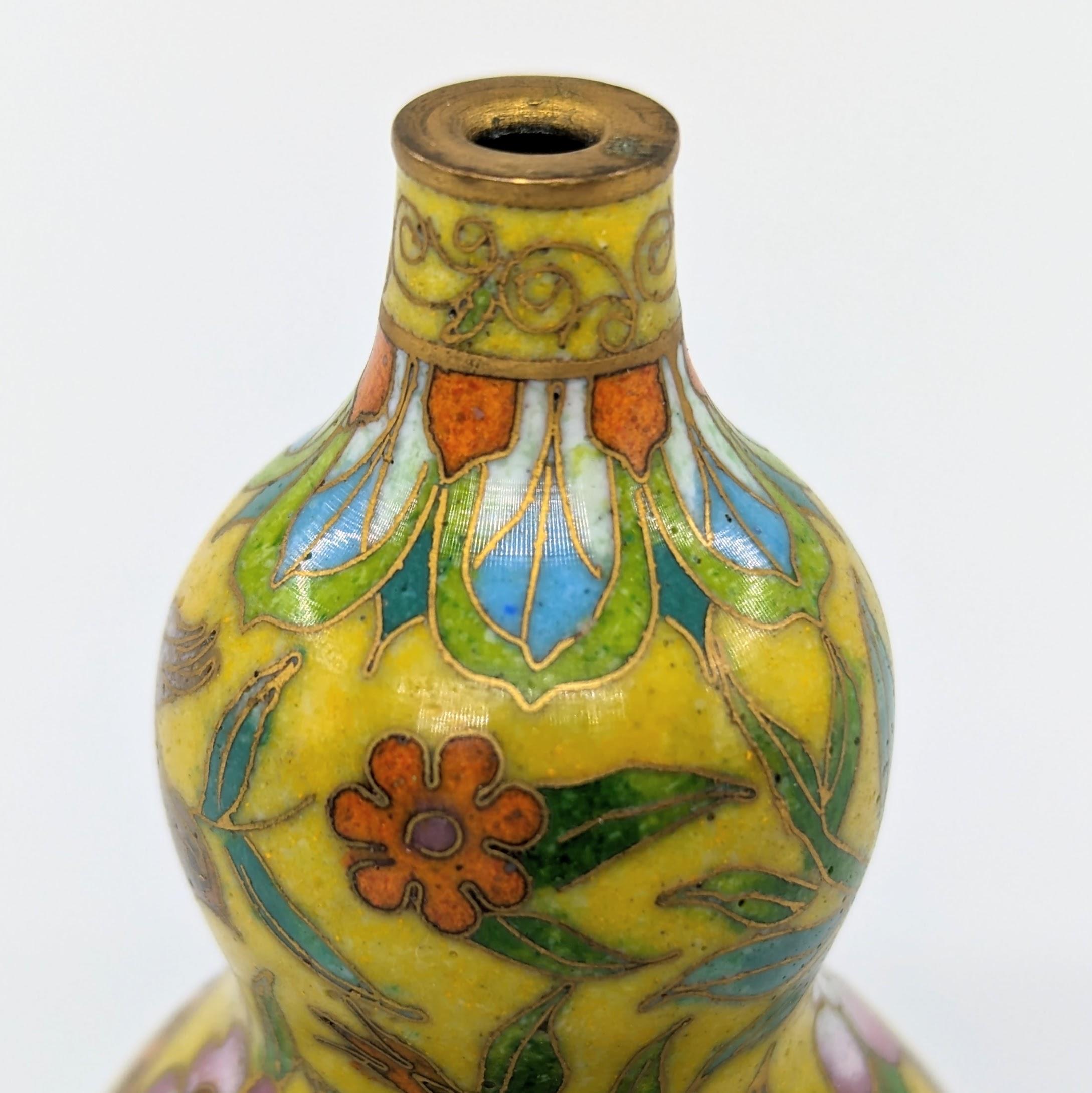 Antique Chinese Cloisonne Hulu Gourd Snuff Bottle Vase Hardwood Stand Republic For Sale 8