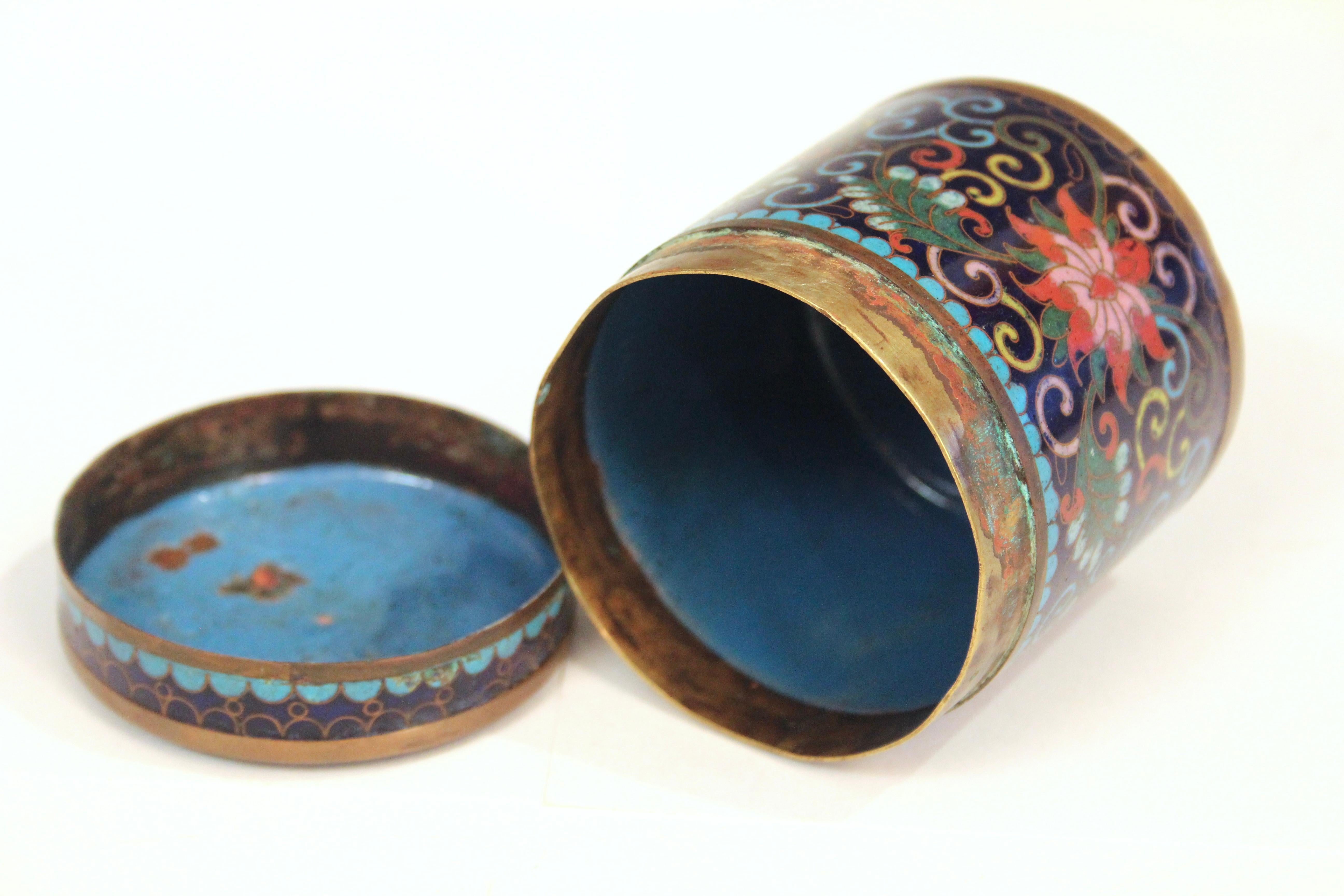 Qing Antique Chinese Cloisonne Jar Box Cannister and Cover Copper Enamel