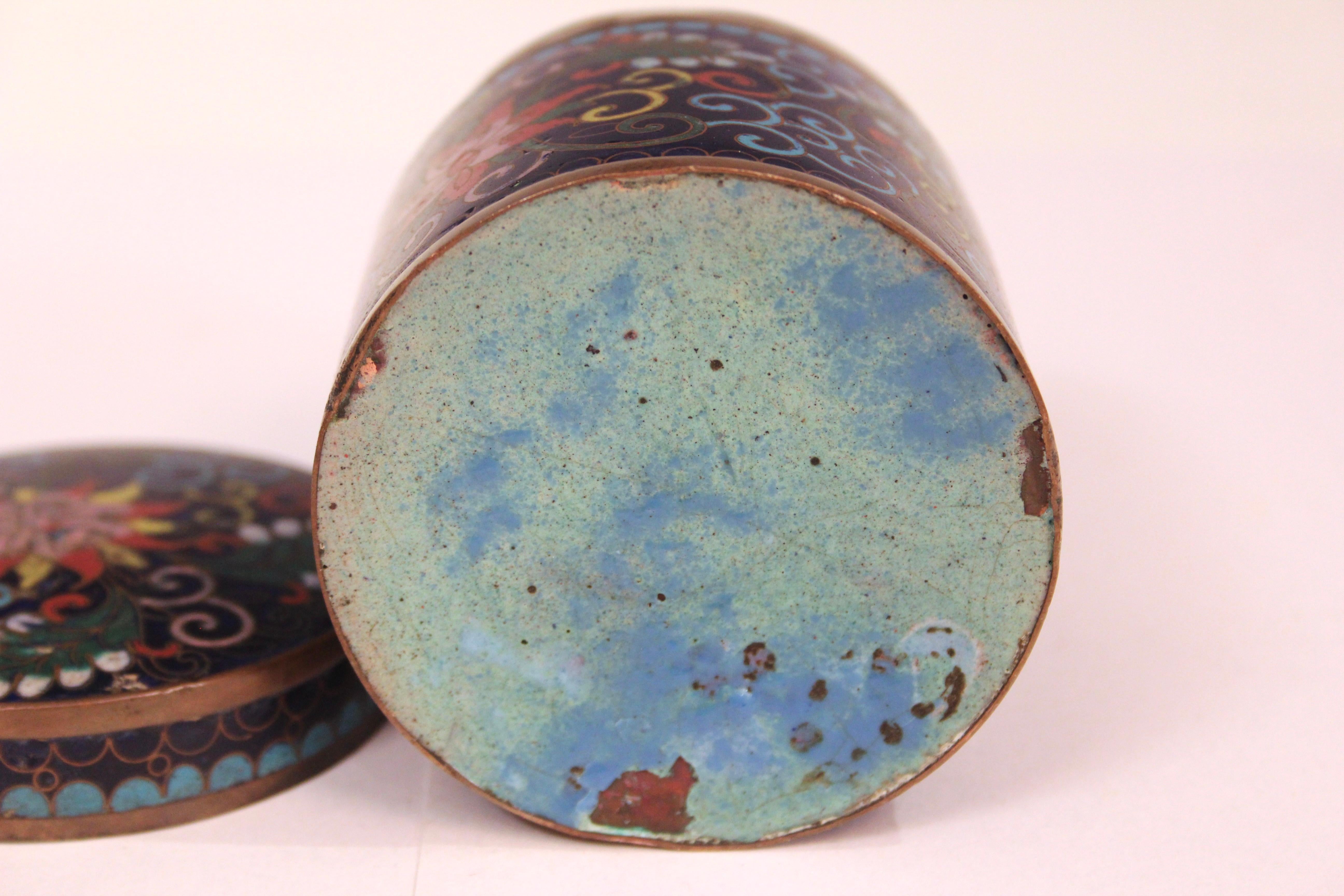 19th Century Antique Chinese Cloisonne Jar Box Cannister and Cover Copper Enamel For Sale