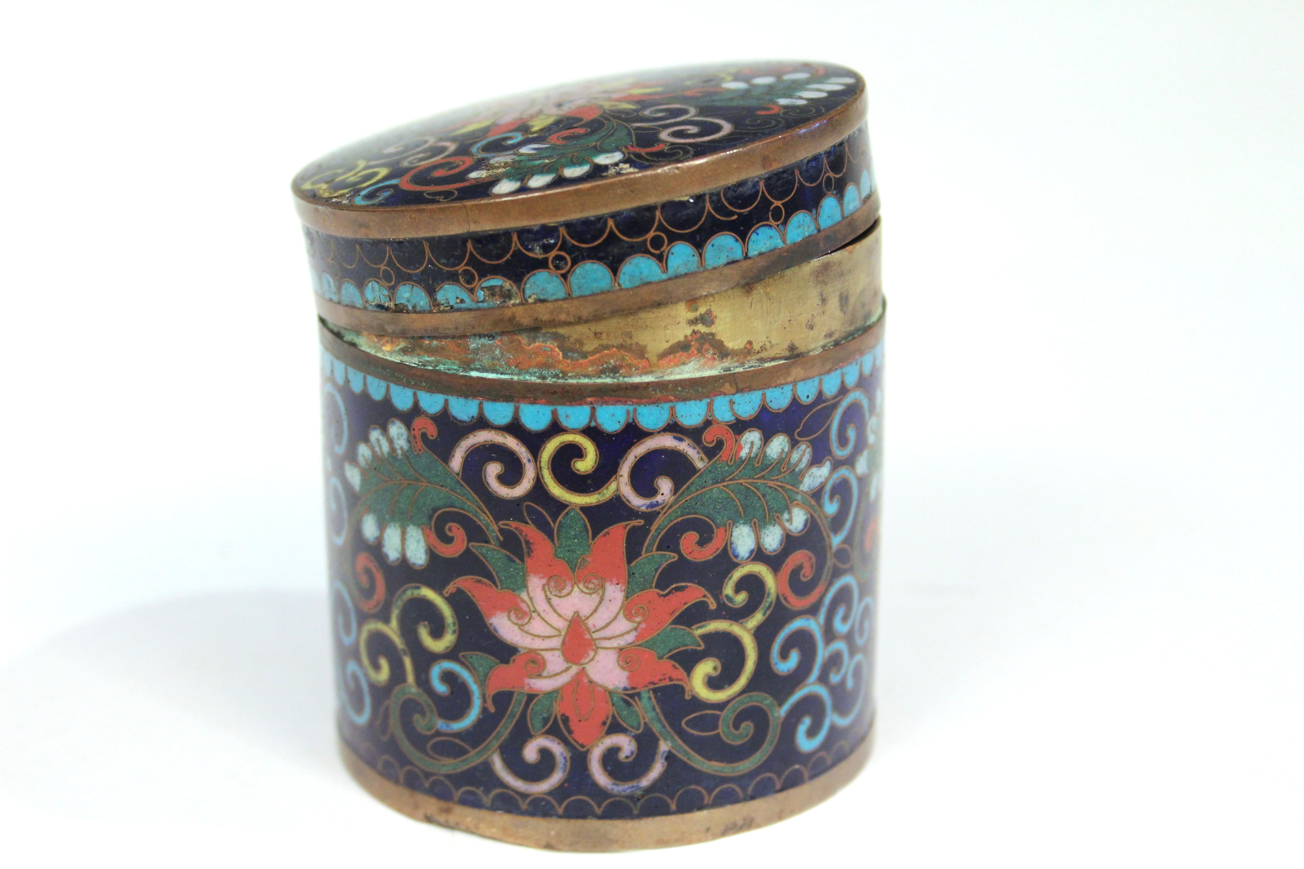 Antique Chinese Cloisonne Jar Box Cannister and Cover Copper Enamel For Sale 1