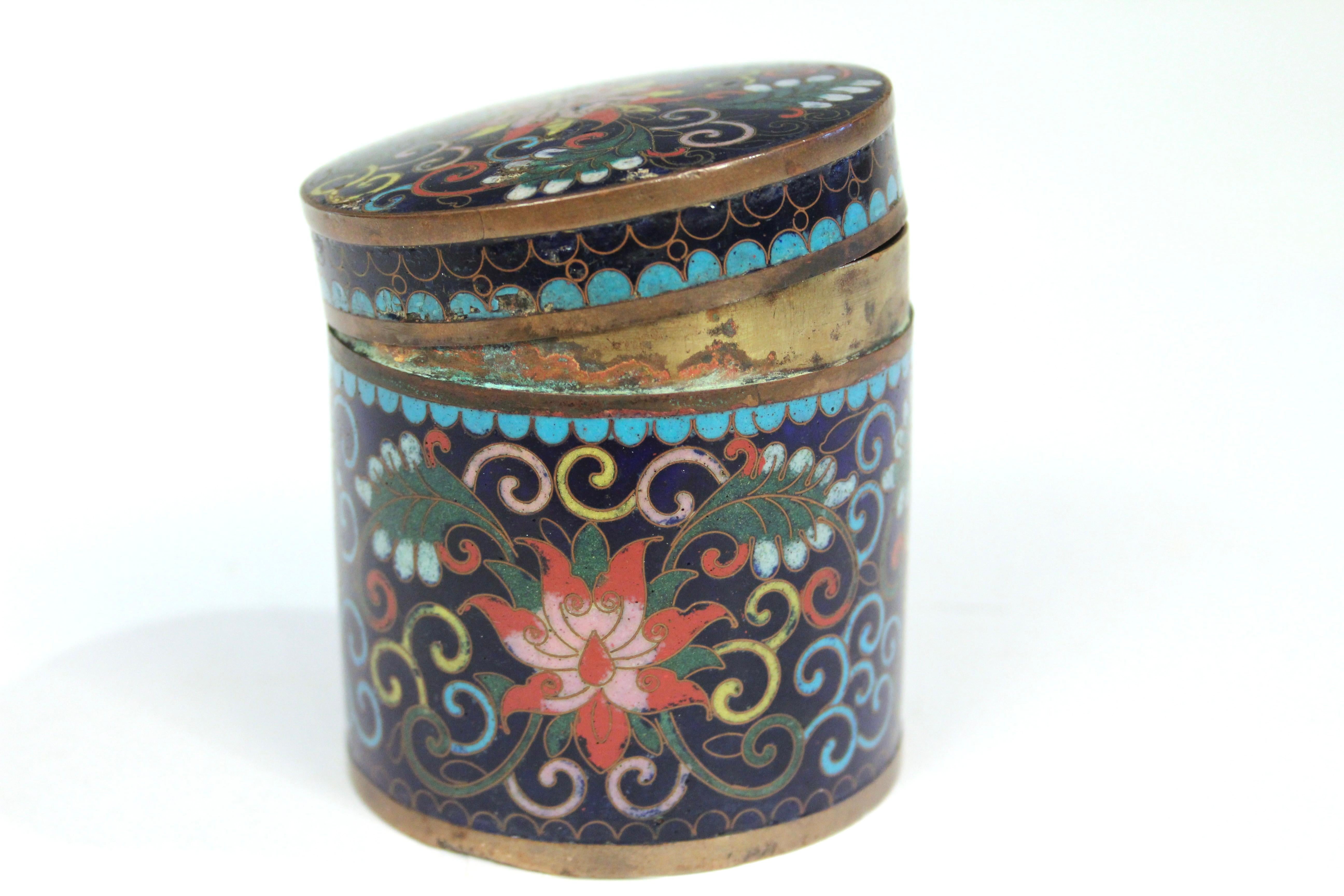 Antique Chinese Cloisonne Jar Box Cannister and Cover Copper Enamel 1