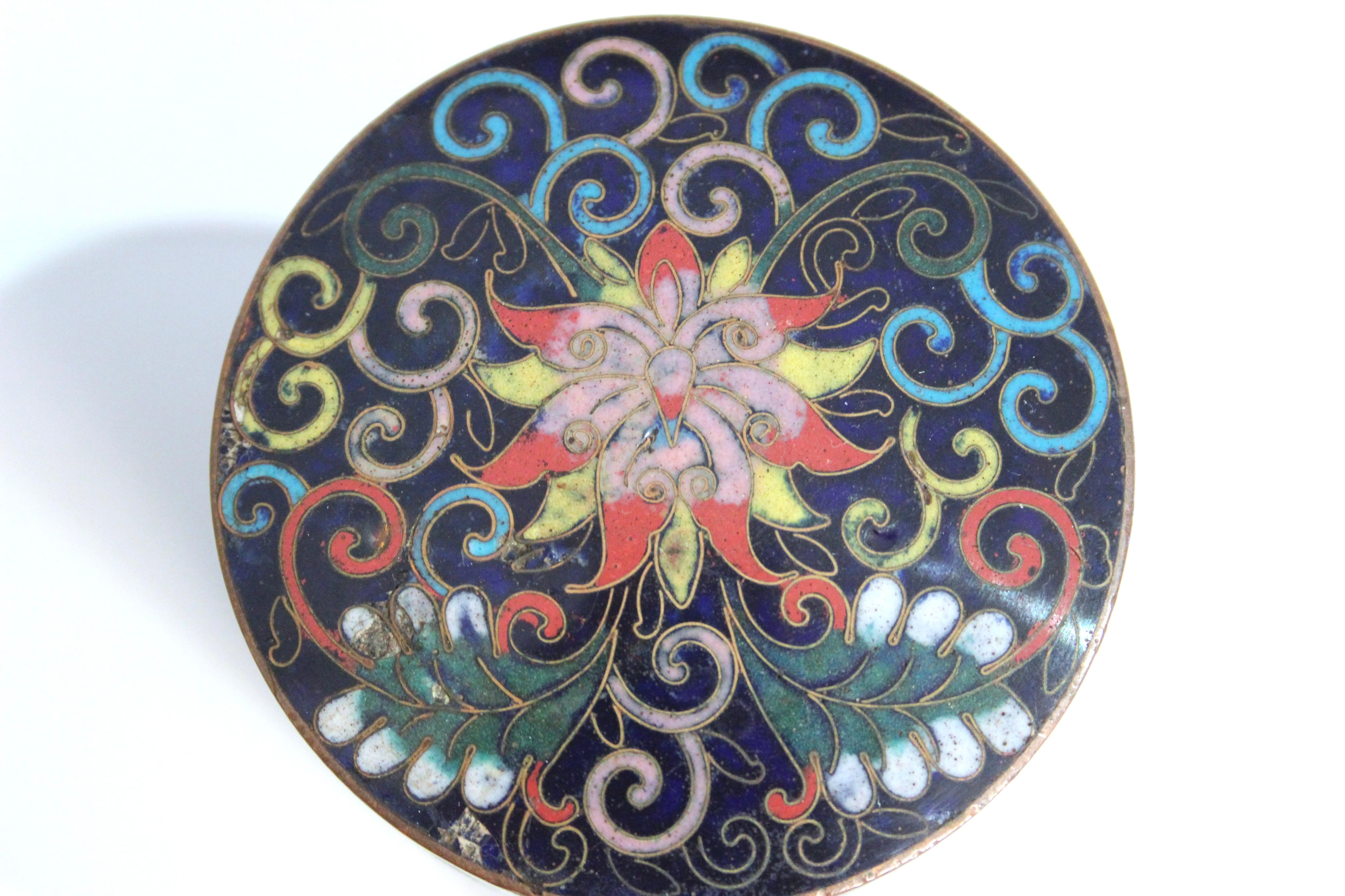 Antique Chinese Cloisonne Jar Box Cannister and Cover Copper Enamel For Sale 2