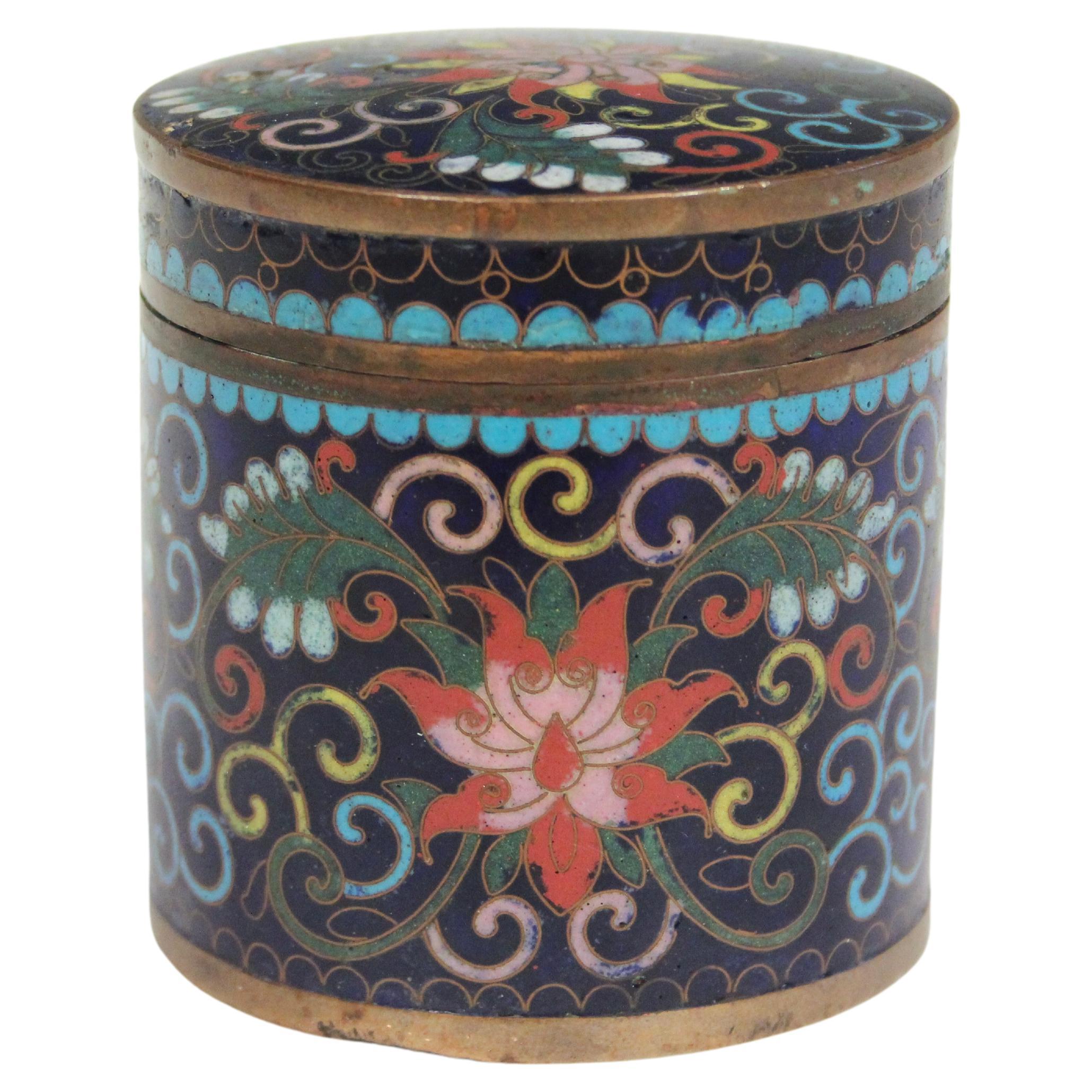 Antique Chinese Cloisonne Jar Box Cannister and Cover Copper Enamel For Sale