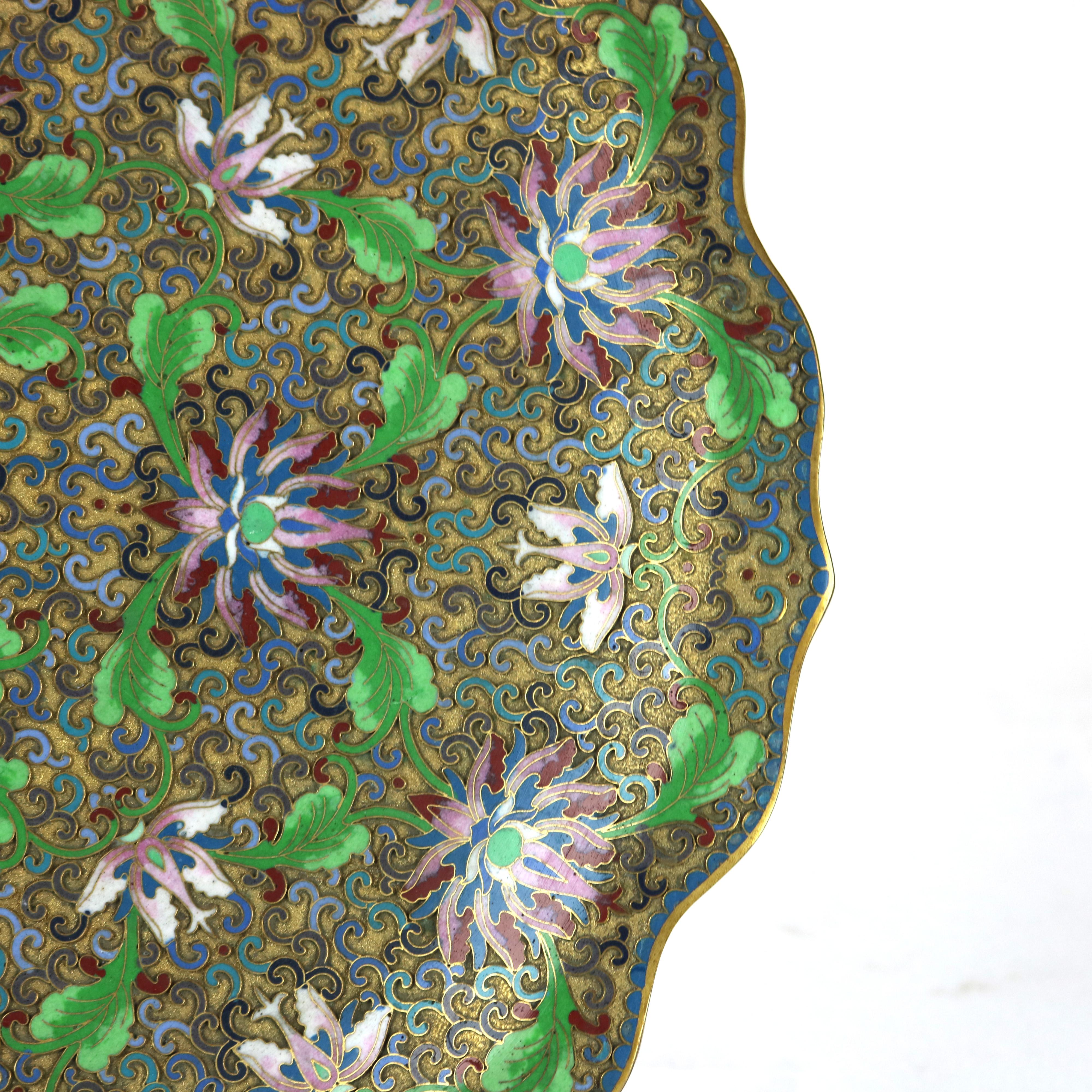 Antique Chinese Cloisonne Scalloped Edge & Reticulated Floral Charger c1920.   
15 1/8