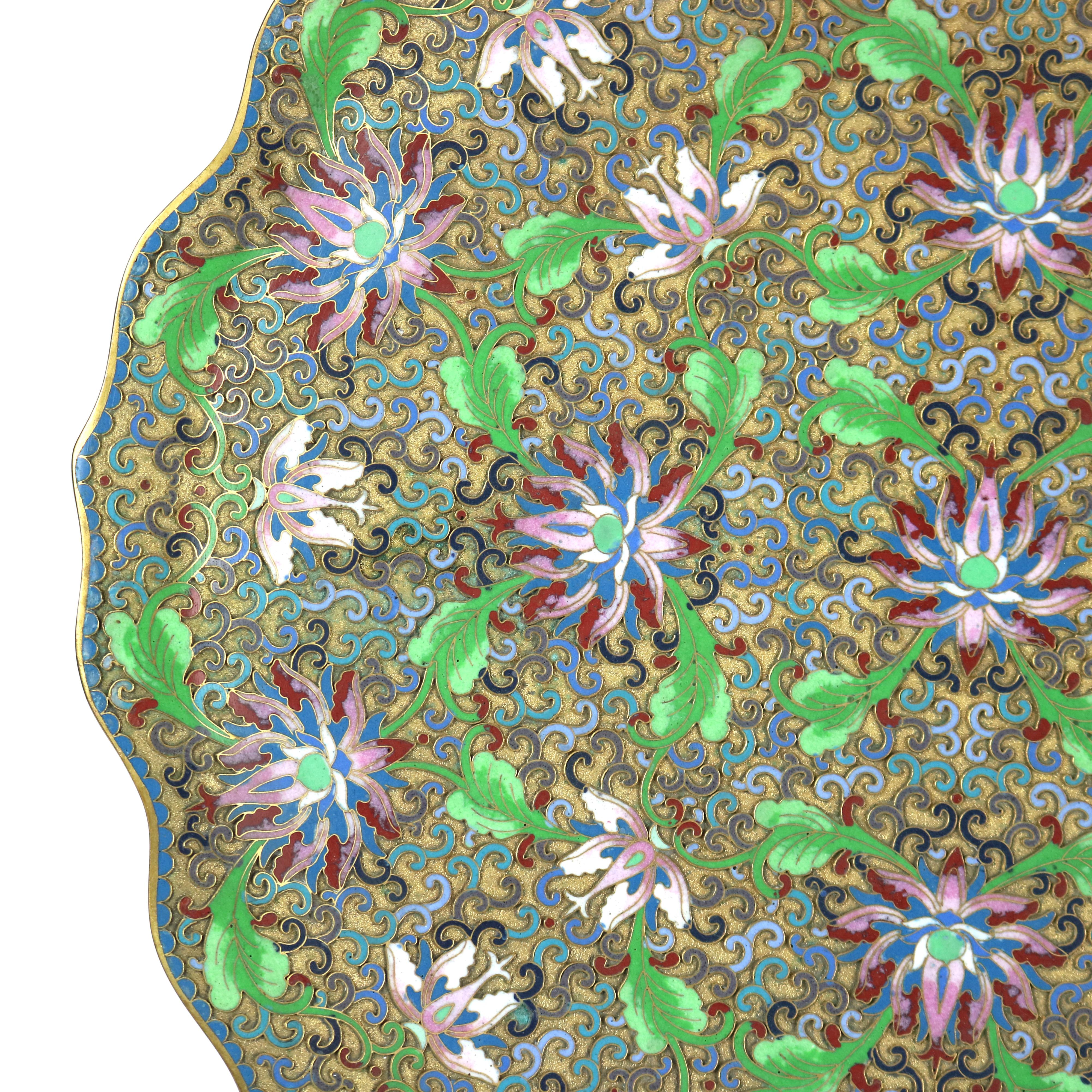20th Century Antique Chinese Cloisonne Scalloped Edge & Reticulated Floral Charger c1920 For Sale