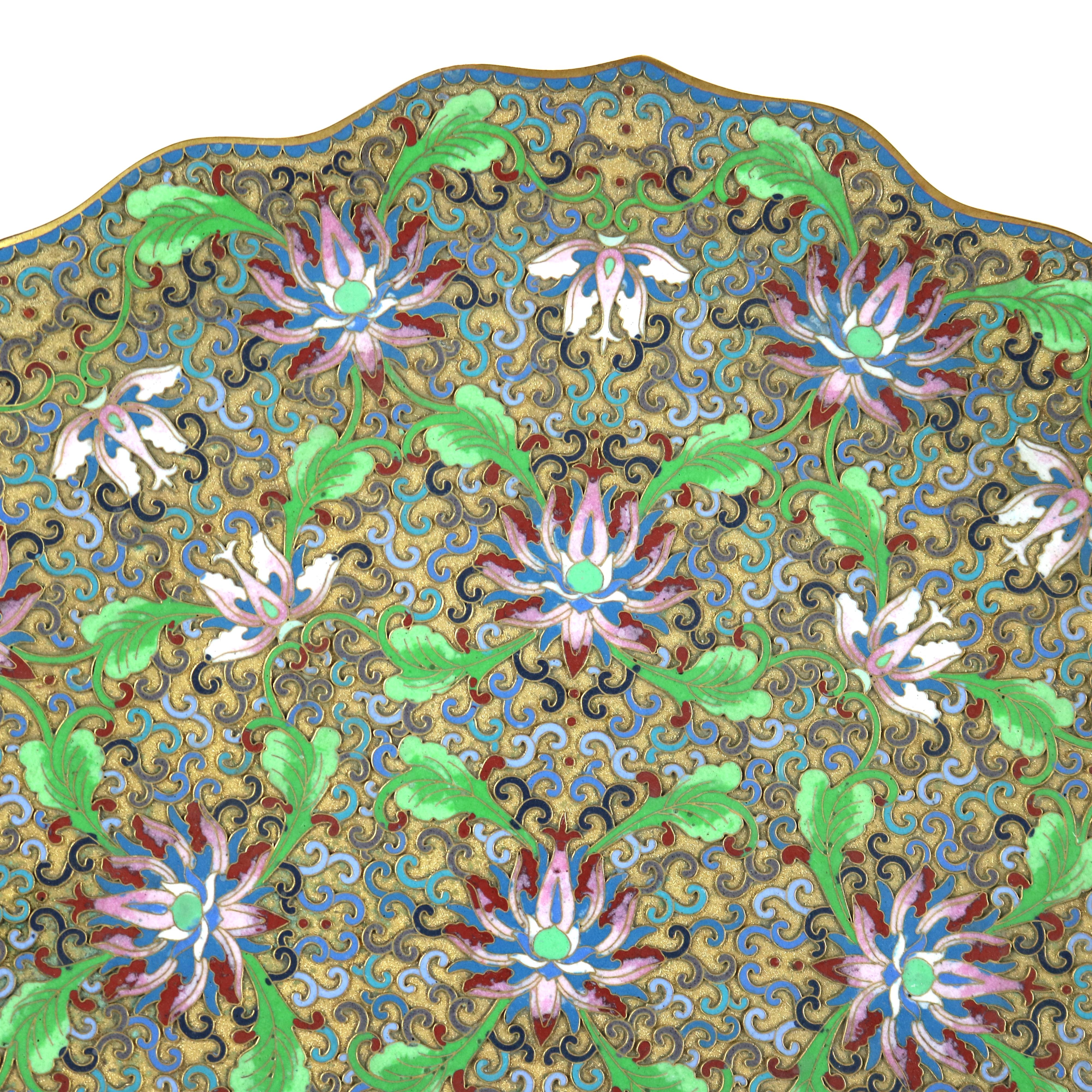 Metal Antique Chinese Cloisonne Scalloped Edge & Reticulated Floral Charger c1920 For Sale