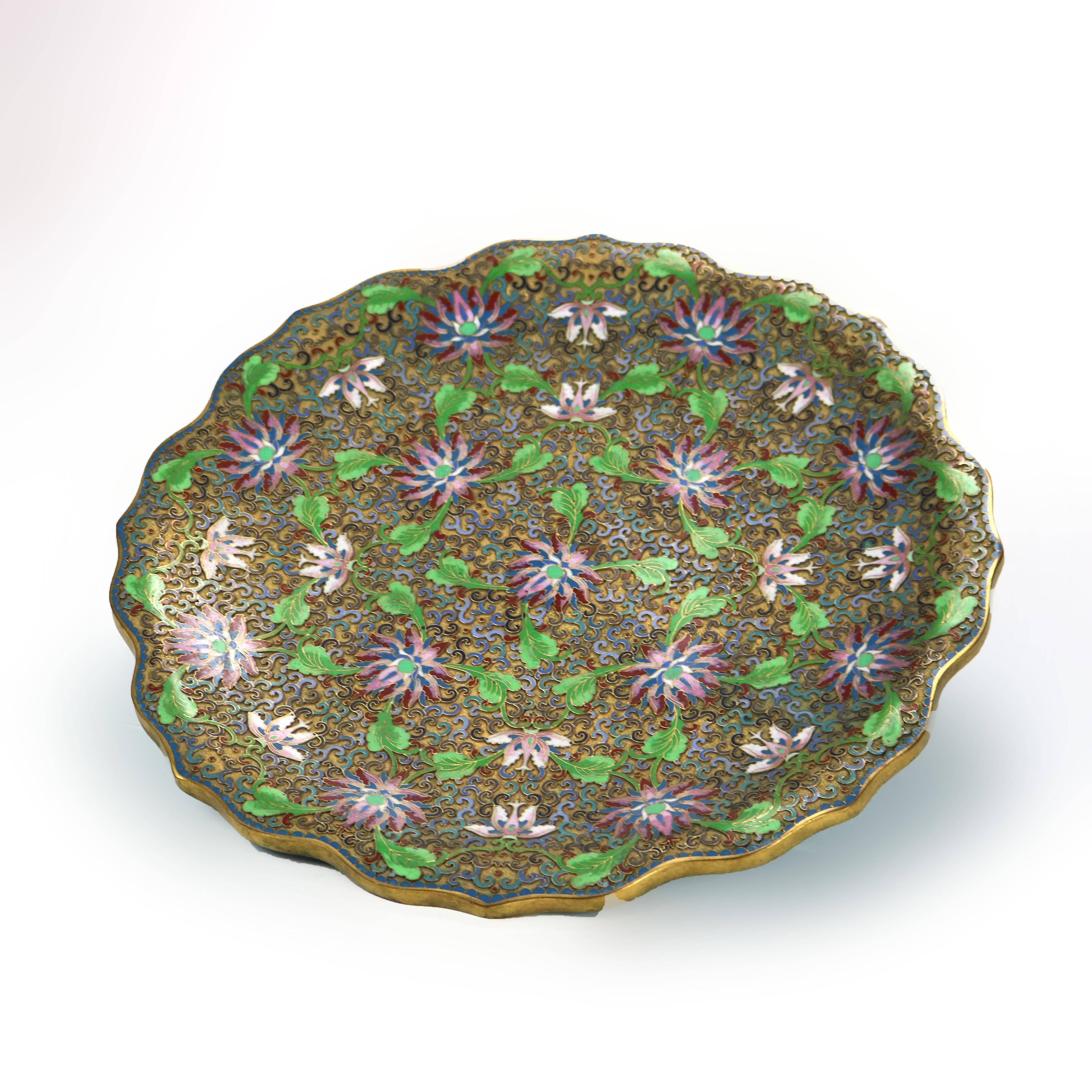 Antique Chinese Cloisonne Scalloped Edge & Reticulated Floral Charger c1920 For Sale 2